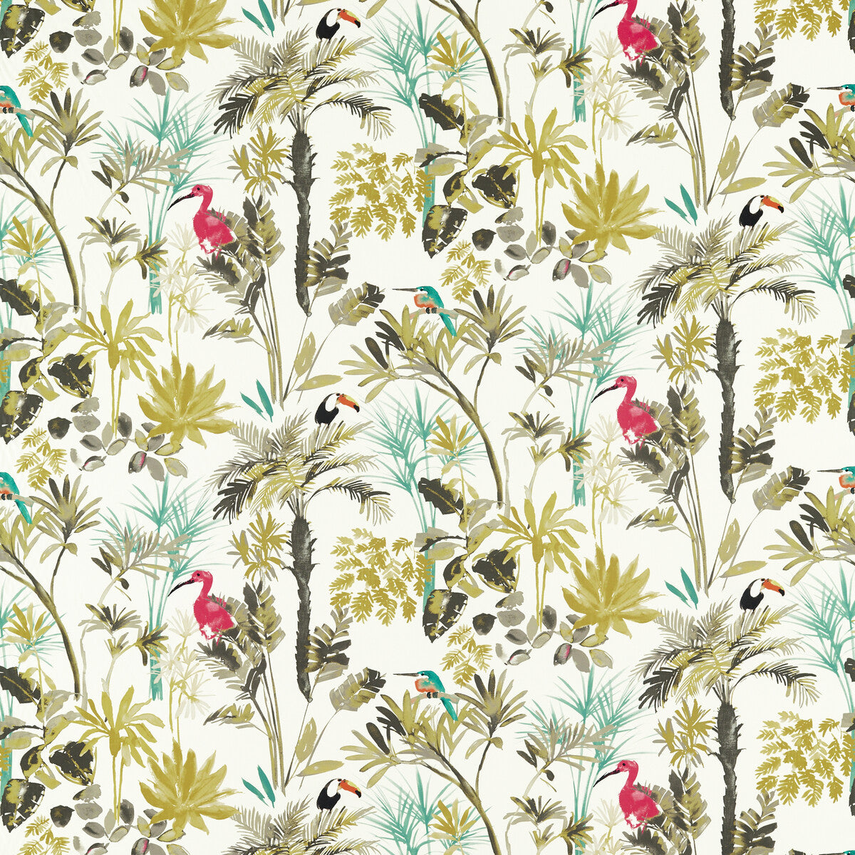 CLARKE AND CLARKE F1518/01.CAC.0 PALM CHARCOAL/CITRON Fabric - Eade's Wallpaper