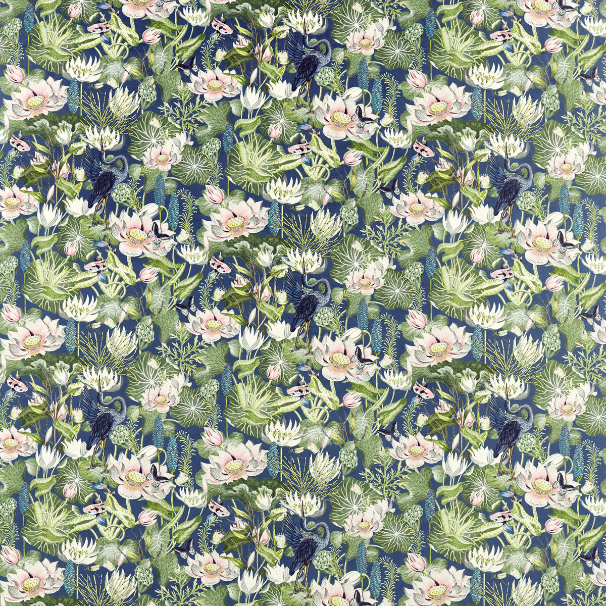 CLARKE AND CLARKE F1591/02.CAC.0 WATERLILY MIDNIGHT VELVET Fabric - Eade's Wallpaper