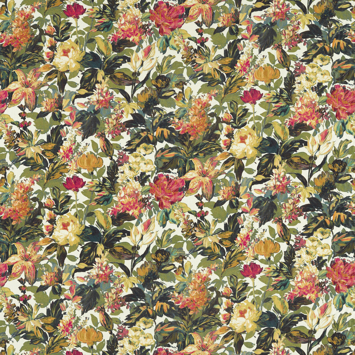 CLARKE AND CLARKE F1655/03.CAC.0 LILUM OLIVE RASPBERRY Fabric - Eade's Wallpaper