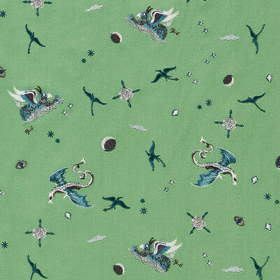 CLARKE AND CLARKE F1751/01.CAC.0 DRACO COSMOS GREEN EMBROIDERY Fabric - MYTHICA BY EMMA J SHIPLEY FOR C&C