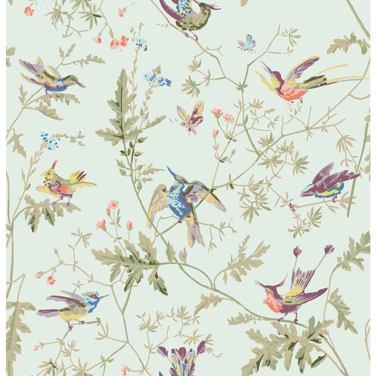 COLE & SON F62/1004.CS.0 HUMMINGBIRDS COTTON PRINT DUCK EGG Fabric - Eade's Wallpaper