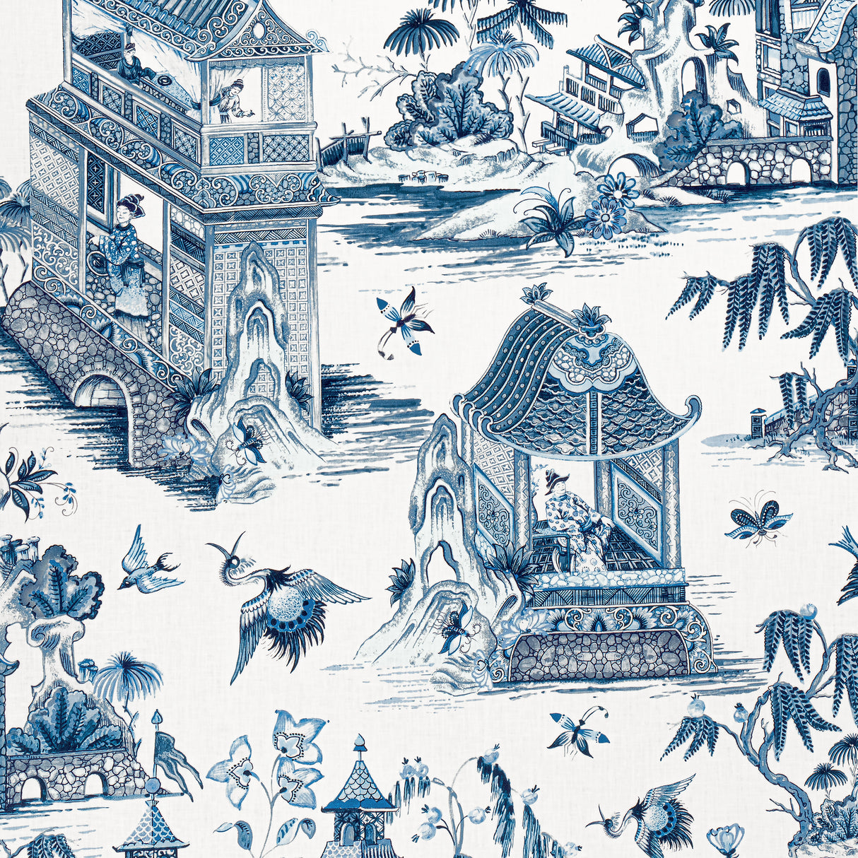 Thibaut F913614 GRAND PALACE Blue and White Fabric