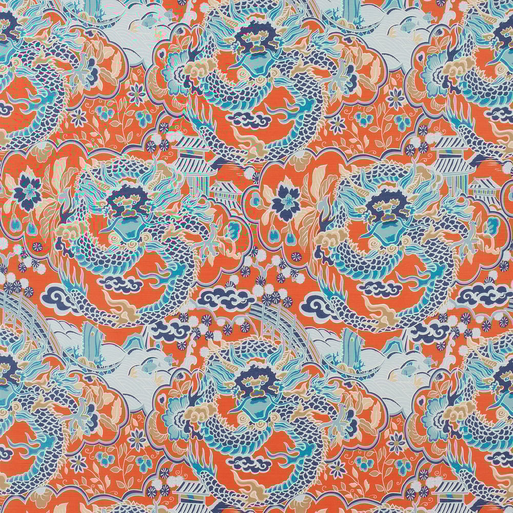 Thibaut F914237 IMPERIAL DRAGON Coral and Turquoise Fabric