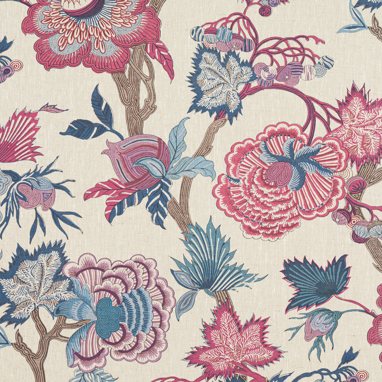 Thibaut F936419 INDIENNE JACOBEAN Raspberry and Blue on Natural Fabric