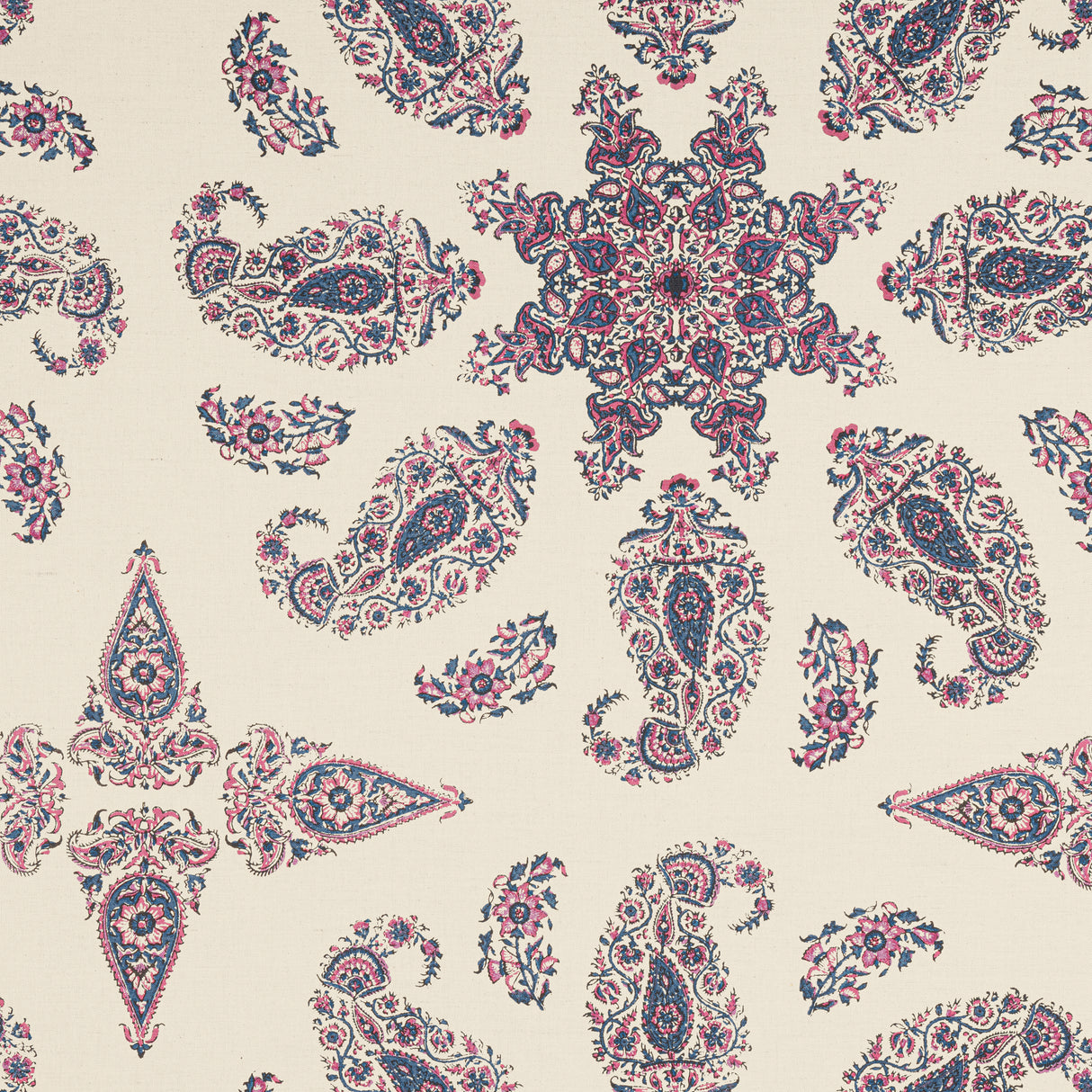 Thibaut F936430 EAST INDIA Raspberry and Blue on Natural Fabric