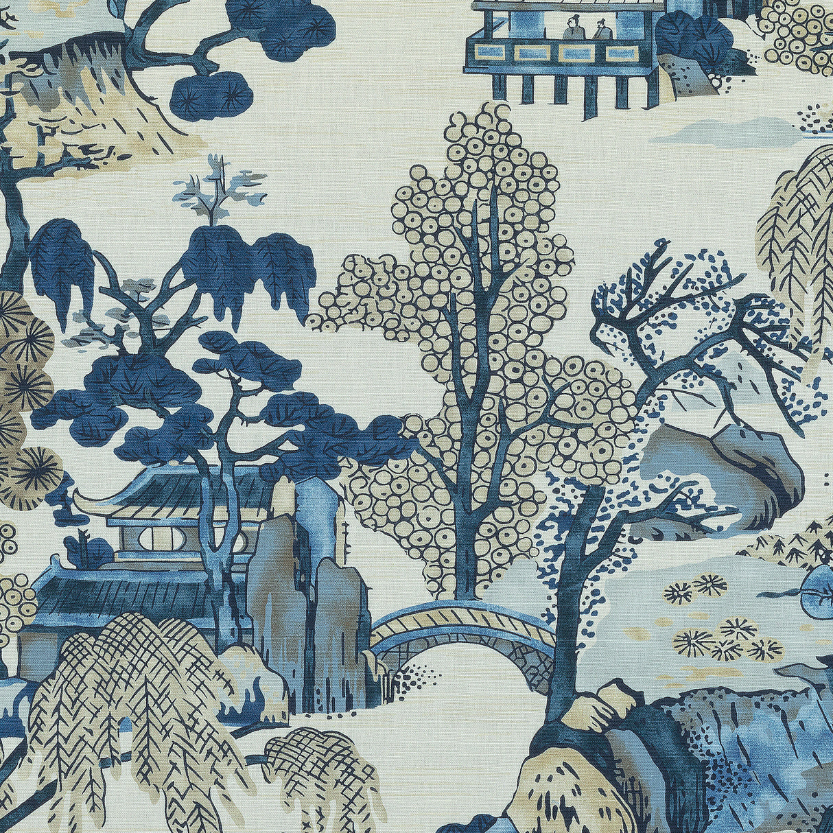 Thibaut F975461 ASIAN SCENIC Blue and Beige Fabric