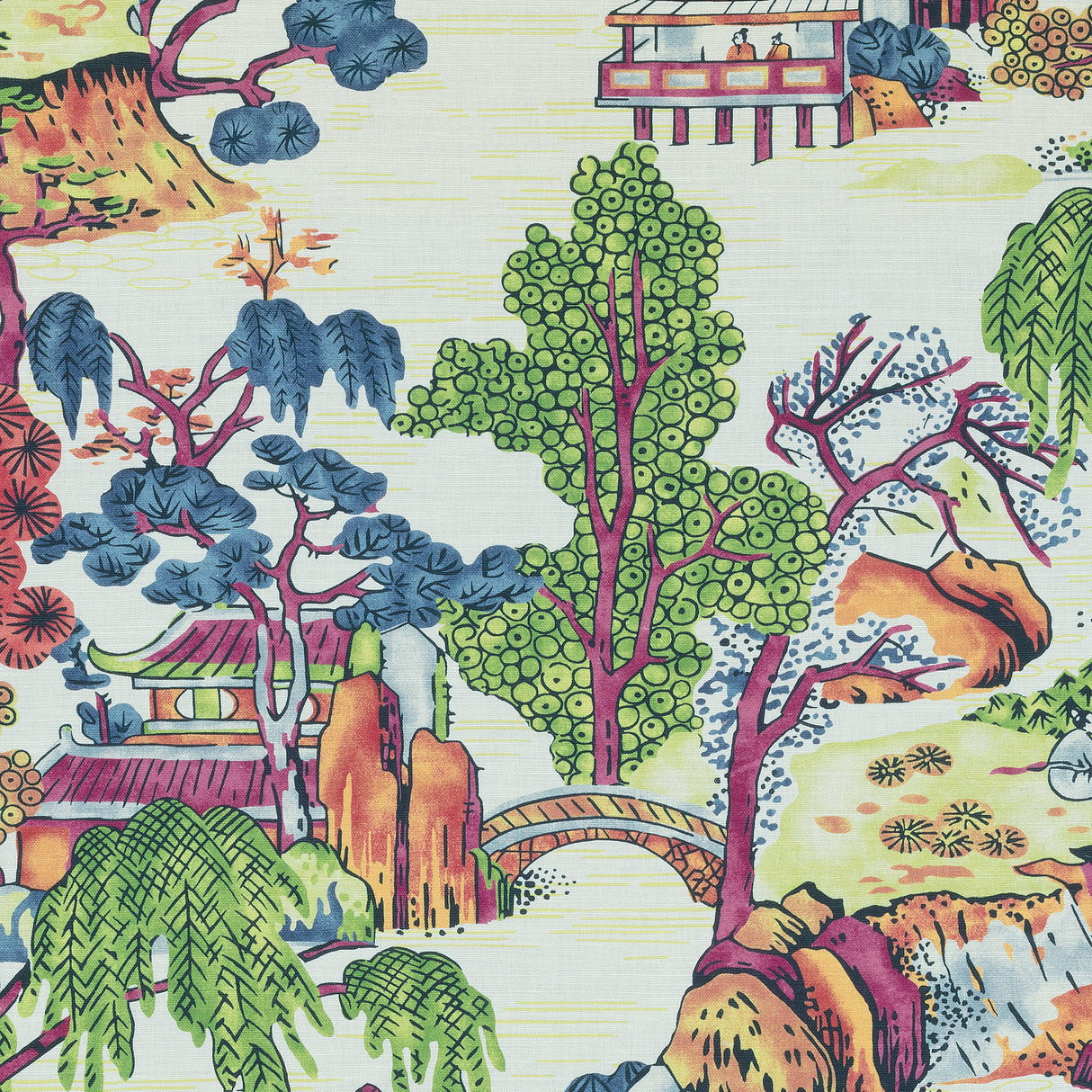 Thibaut F975464 ASIAN SCENIC Coral and Green Fabric