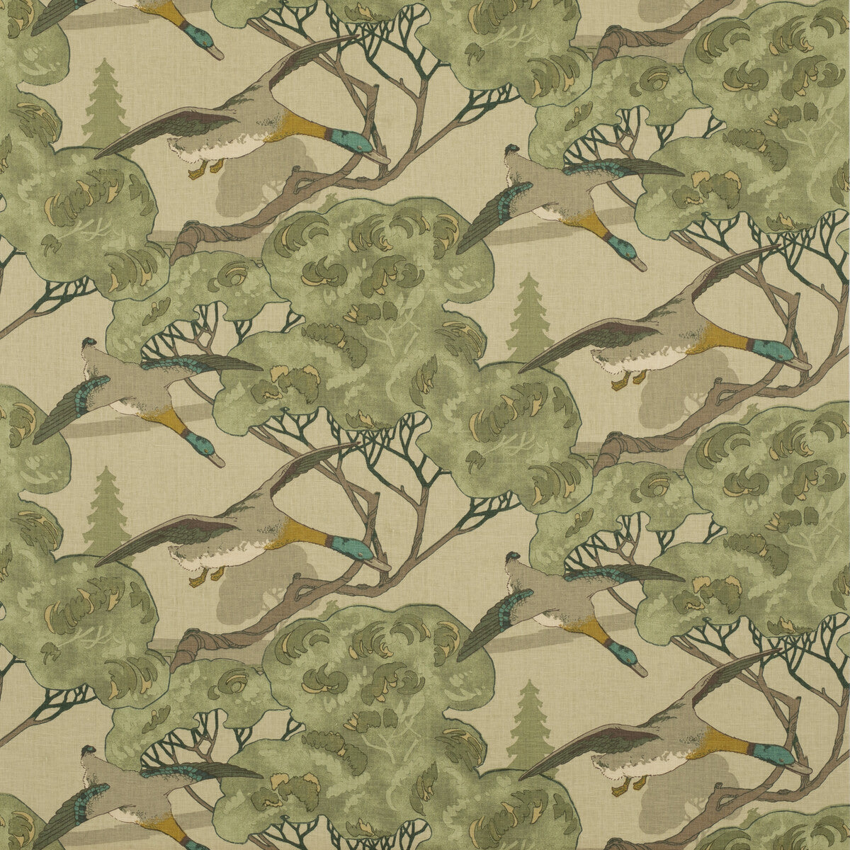 MULBERRY FD205.S16.0 FLYING DUCKS EMERALD Fabric - Eade's Wallpaper