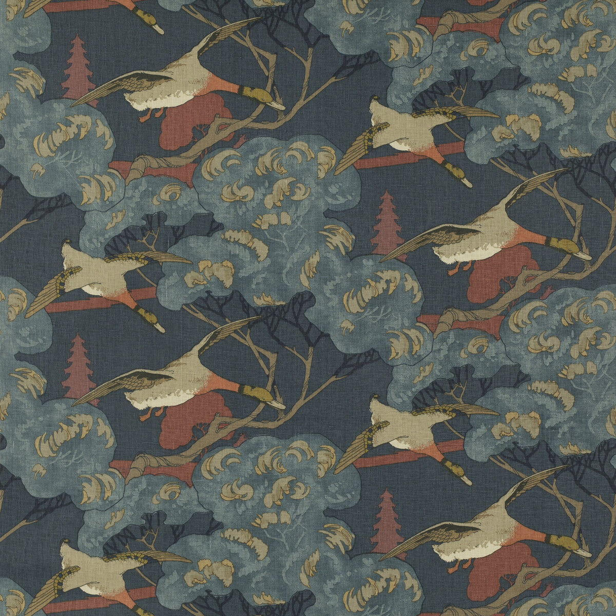 MULBERRY FD205.V110.0 FLYING DUCKS RED/BLUE Fabric - Eade's Wallpaper
