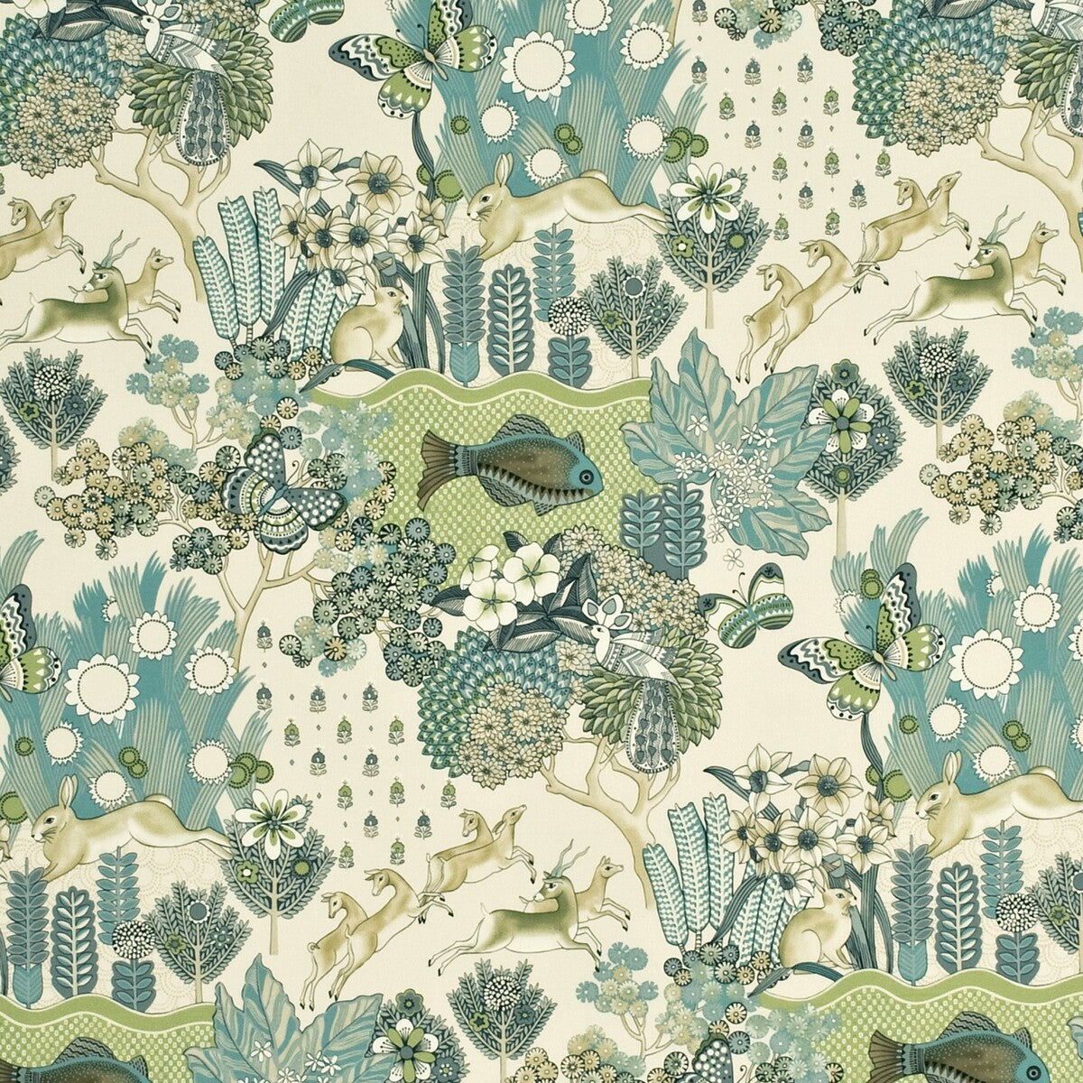 MULBERRY FD259.R38.0 GLENDALE TEAL/LEAF Fabric - Eade's Wallpaper
