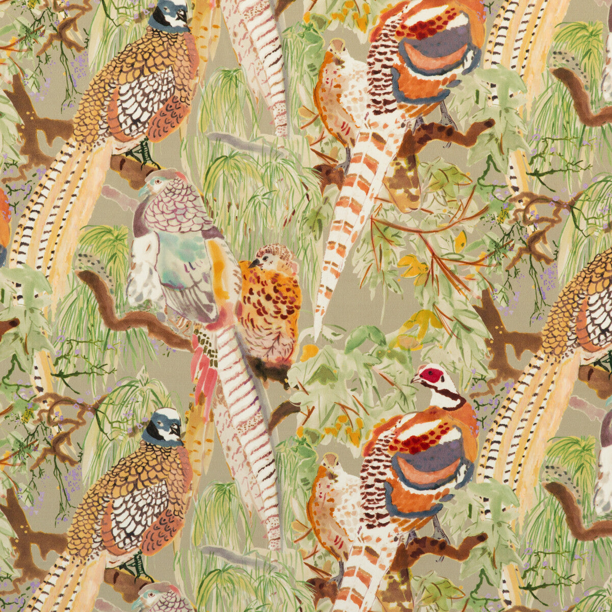 MULBERRY FD268.K102.0 GAME BIRDS VELVET STONE/MULTI Fabric - Eade's Wallpaper