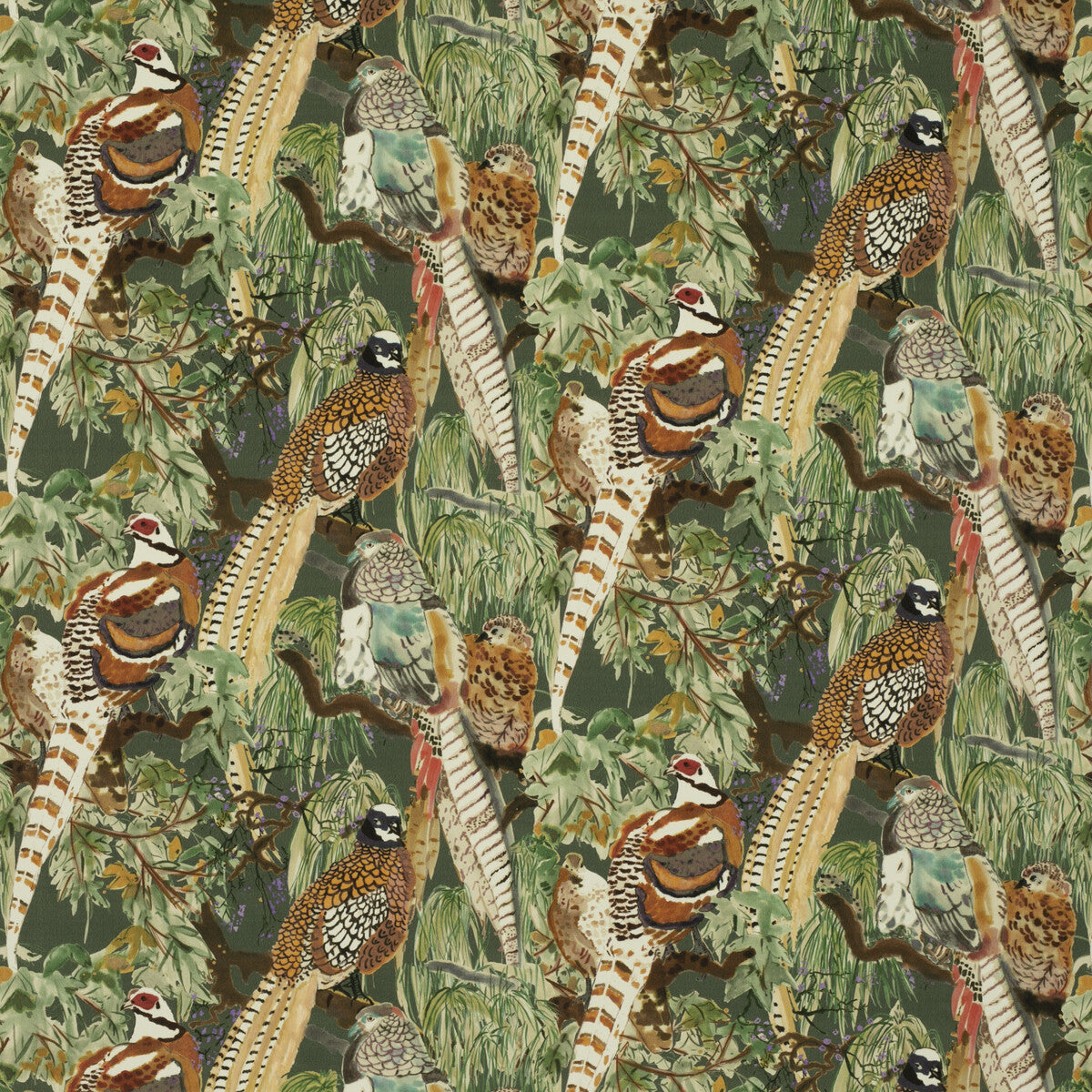 MULBERRY FD268.R102.0 GAME BIRDS VELVET FOREST Fabric - Eade's Wallpaper