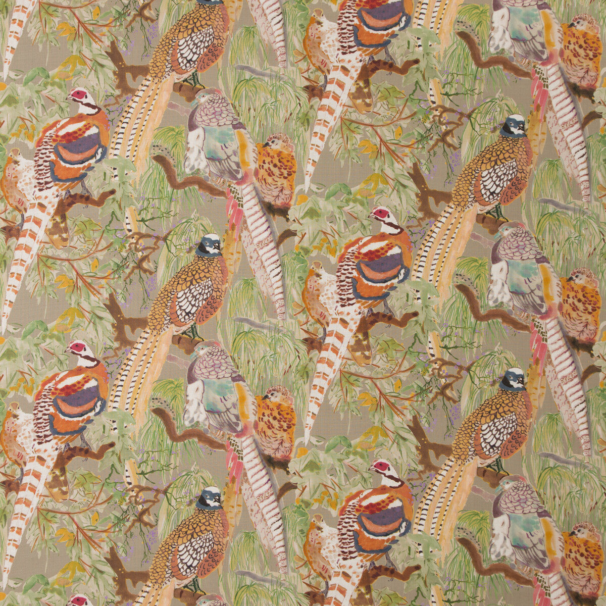 MULBERRY FD269.K102.0 GAME BIRDS LINEN STONE/MULTI Fabric - Eade's Wallpaper