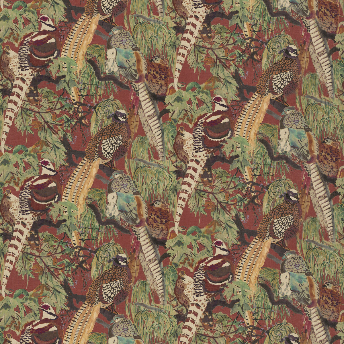 MULBERRY FD269.V54.0 GAME BIRDS LINEN RED/PLUM Fabric - Eade's Wallpaper