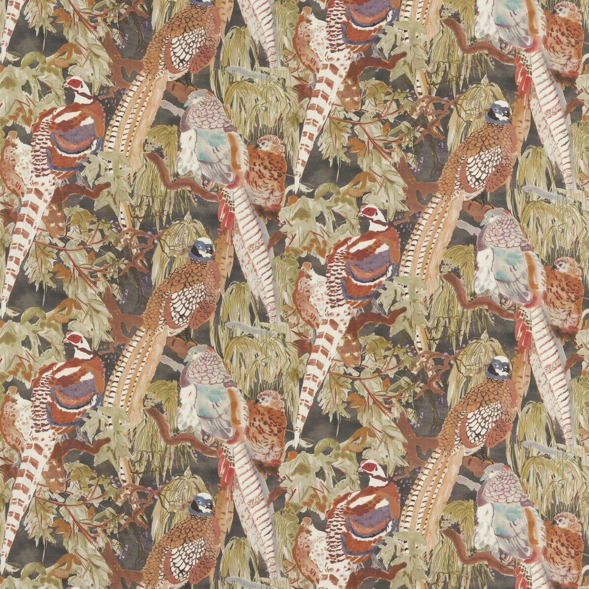 MULBERRY FD305.A101.0 GAME BIRDS LINEN CHARCOAL Fabric - Eade's Wallpaper