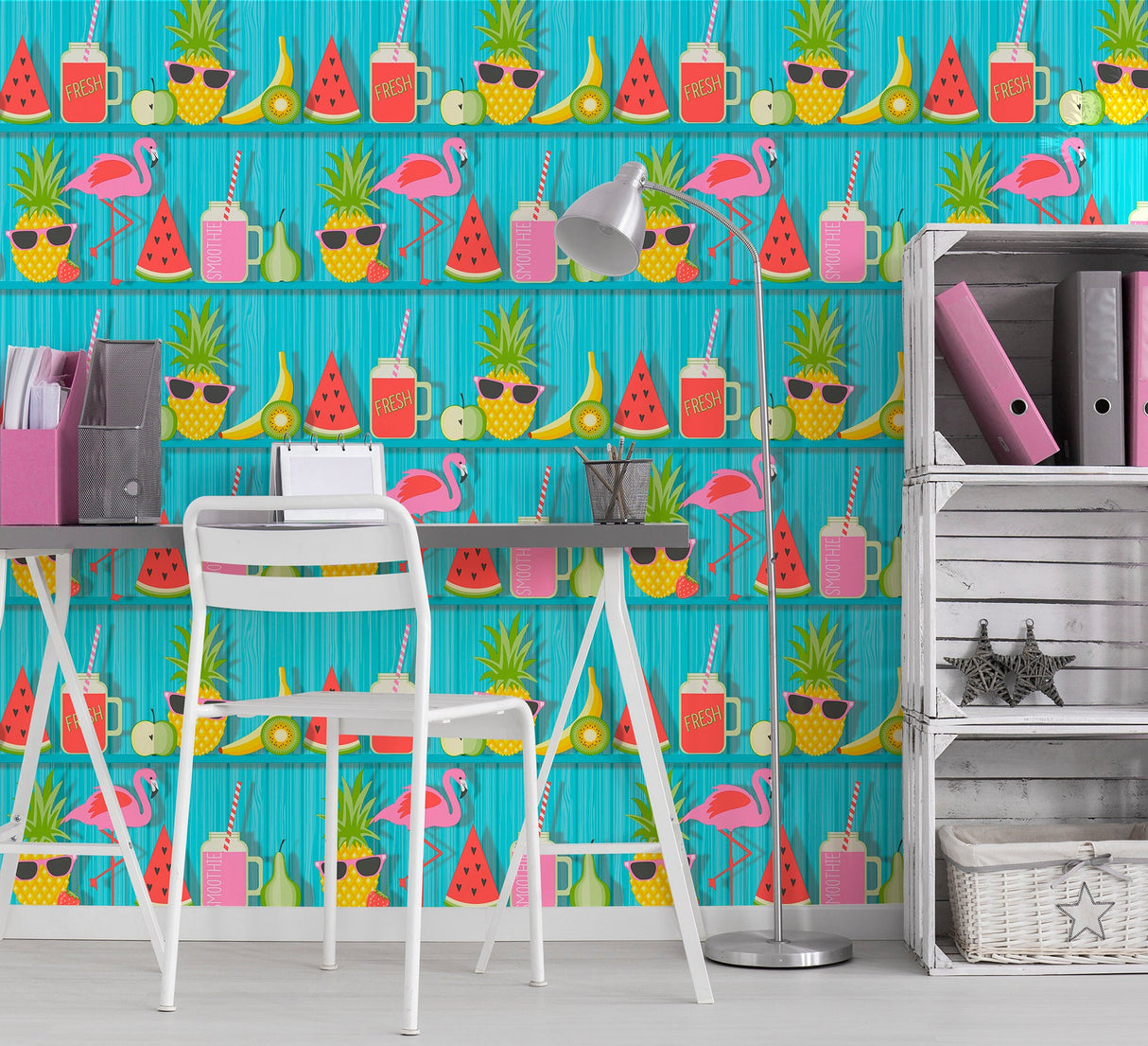 Fine Decor FD42210 Kids Teal Tropical Shelves Wallpaper