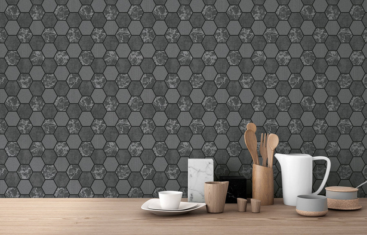 Fine Decor FD42414 Ceramica Black Hexagon Tile Wallpaper