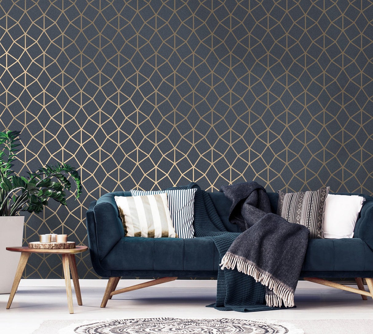 Fine Decor FD42560 Stella Dark Blue Geo Trellis Wallpaper