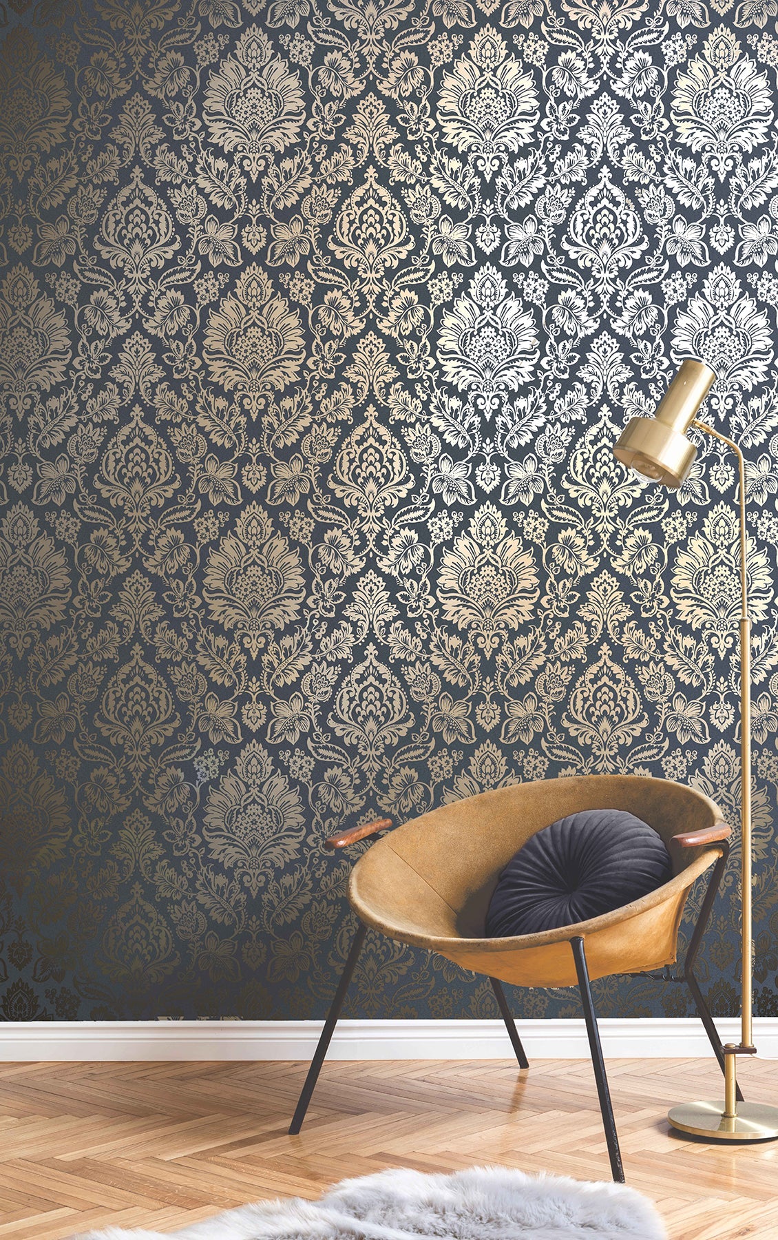 Fine Decor FD42564 Platinum Navy Damask Wallpaper
