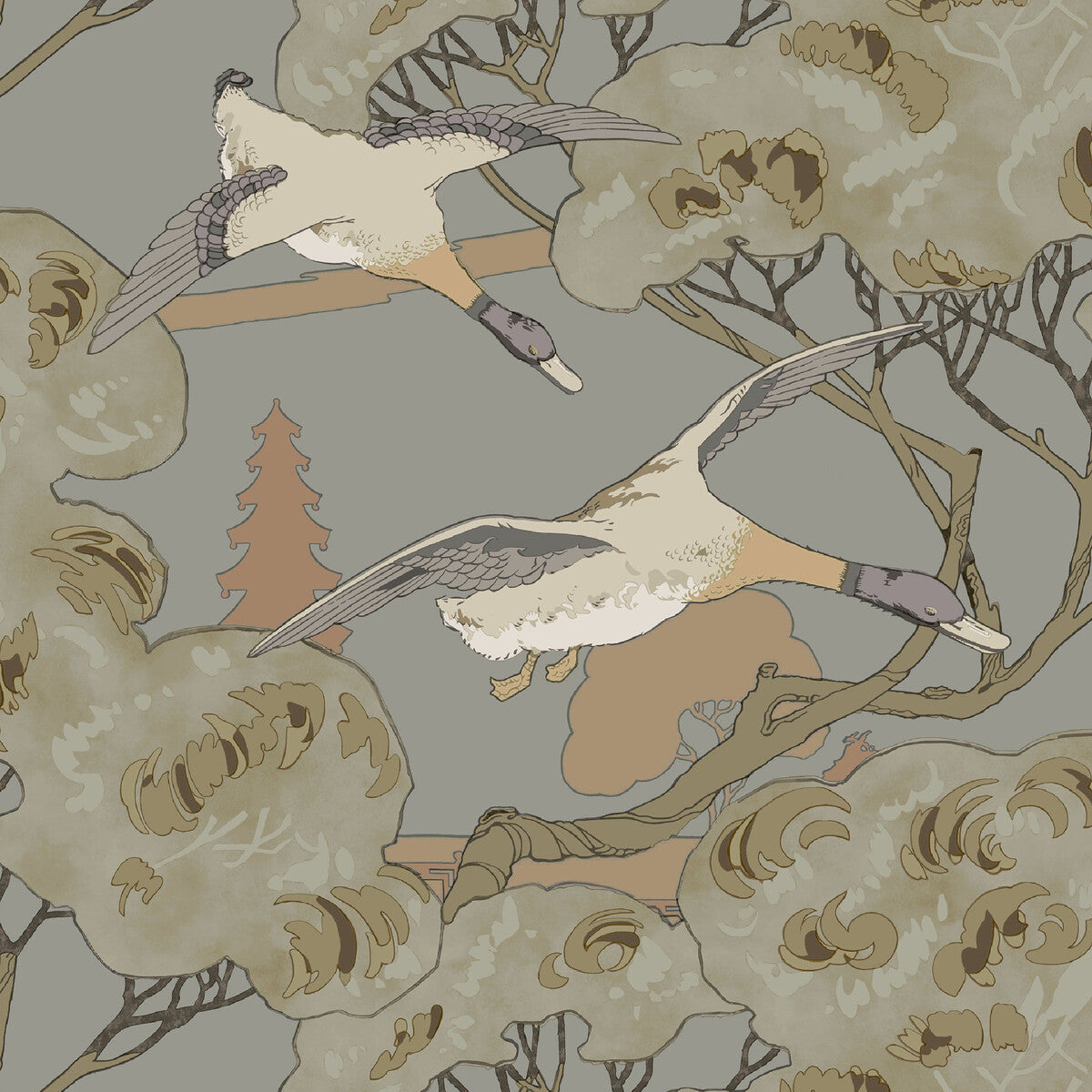 MULBERRY FG102.A116.0 GRAND FLYING DUCKS GREY/BLUE Wallpaper - Eade's Wallpaper