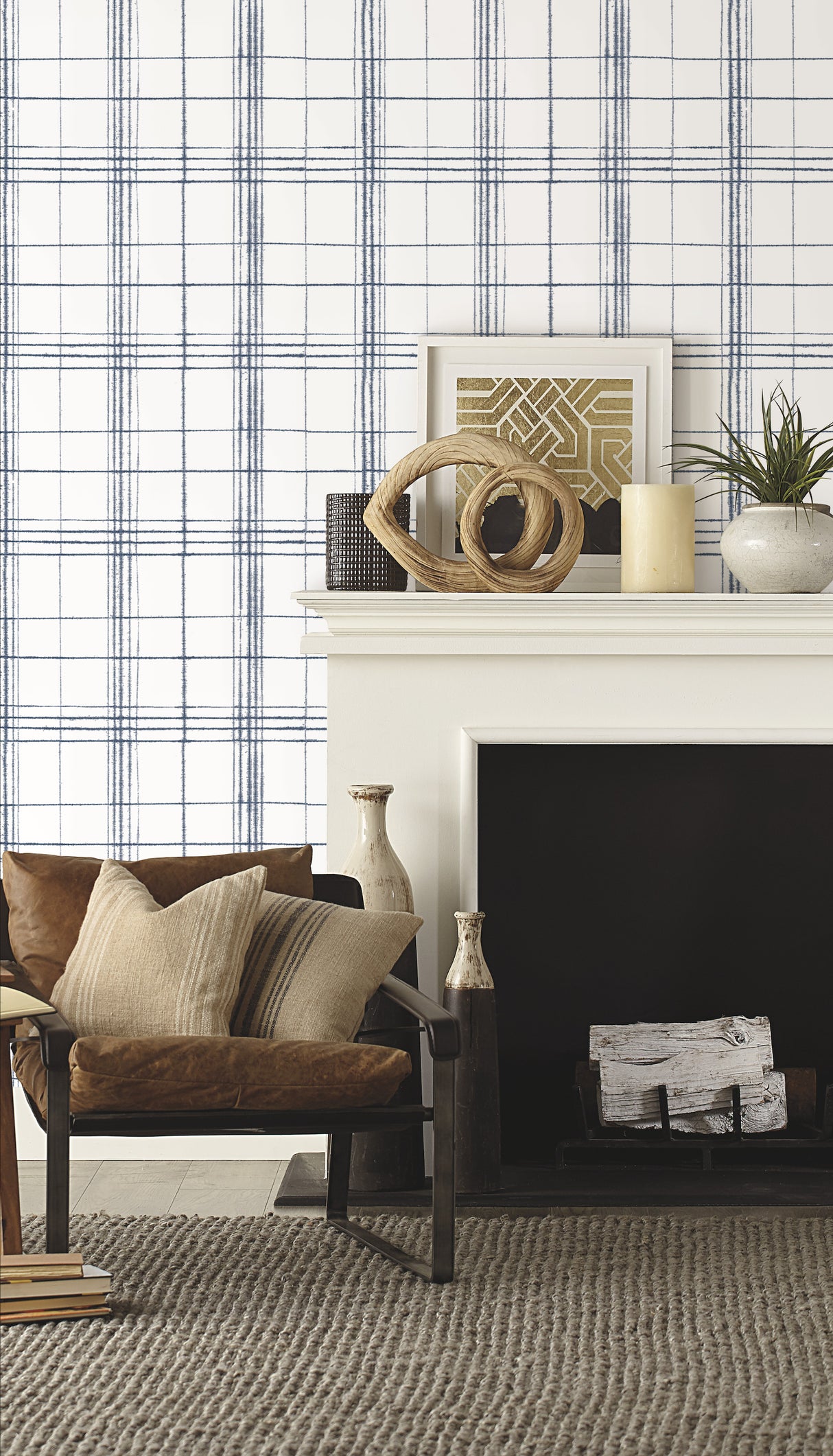 York FH4017 Farmhouse Plaid Navy & White Wallpaper
