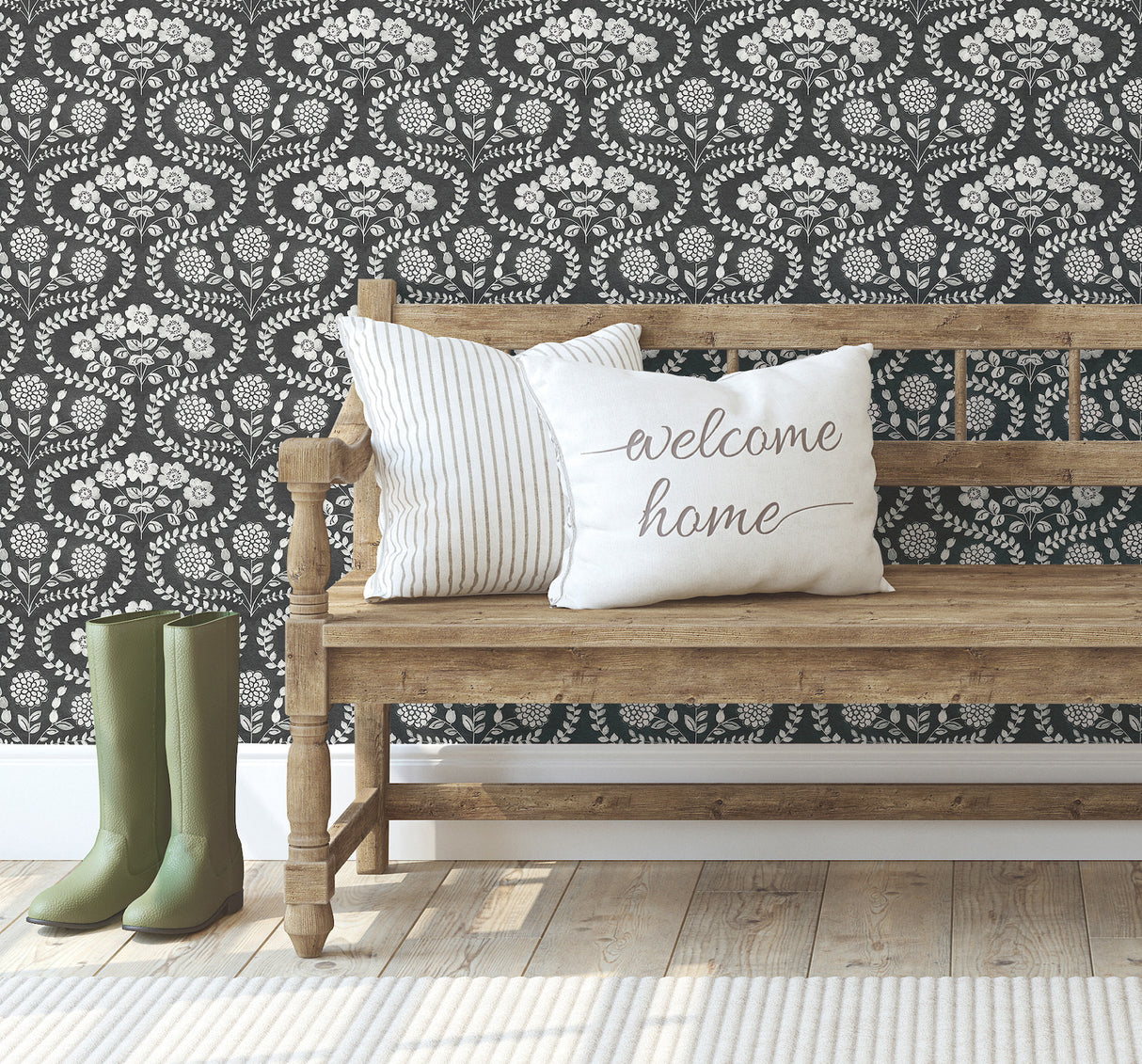 York FH4022 Folksy Floral Black & White Wallpaper