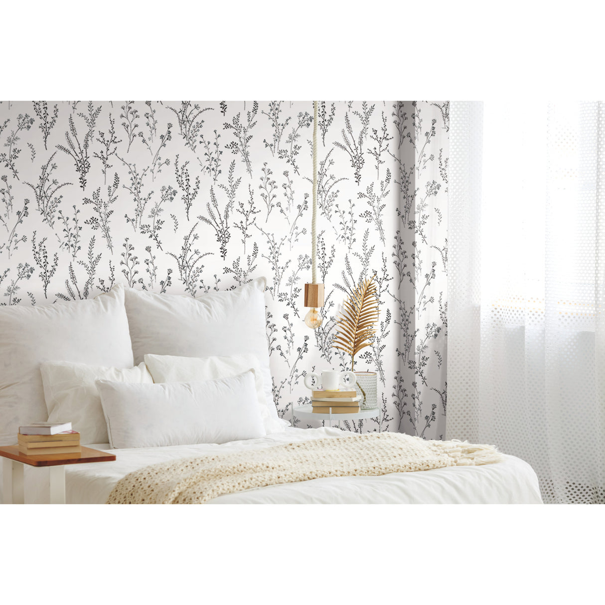 York FH4026 Wildflower Sprigs Black & White Wallpaper