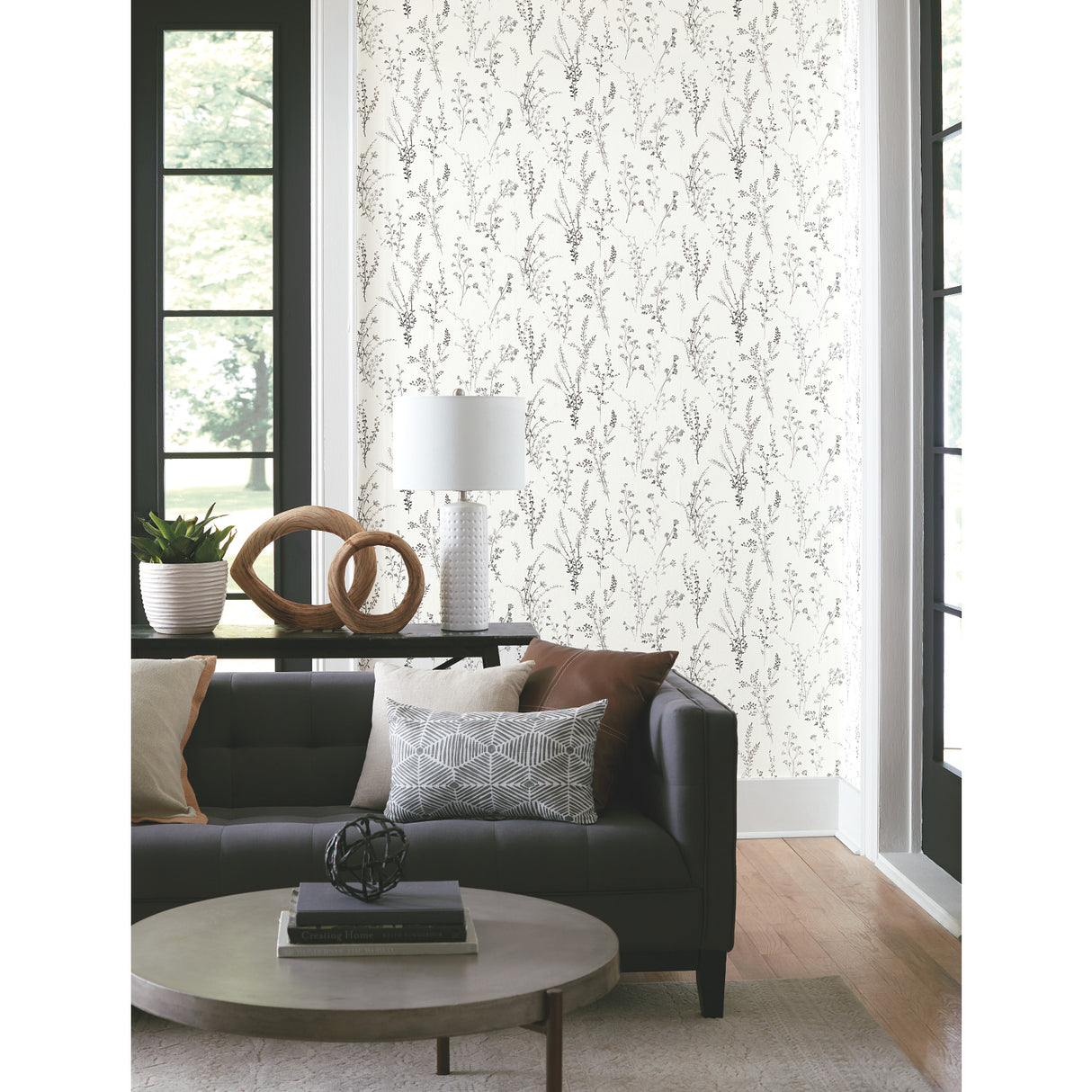York FH4026 Wildflower Sprigs Black & White Wallpaper
