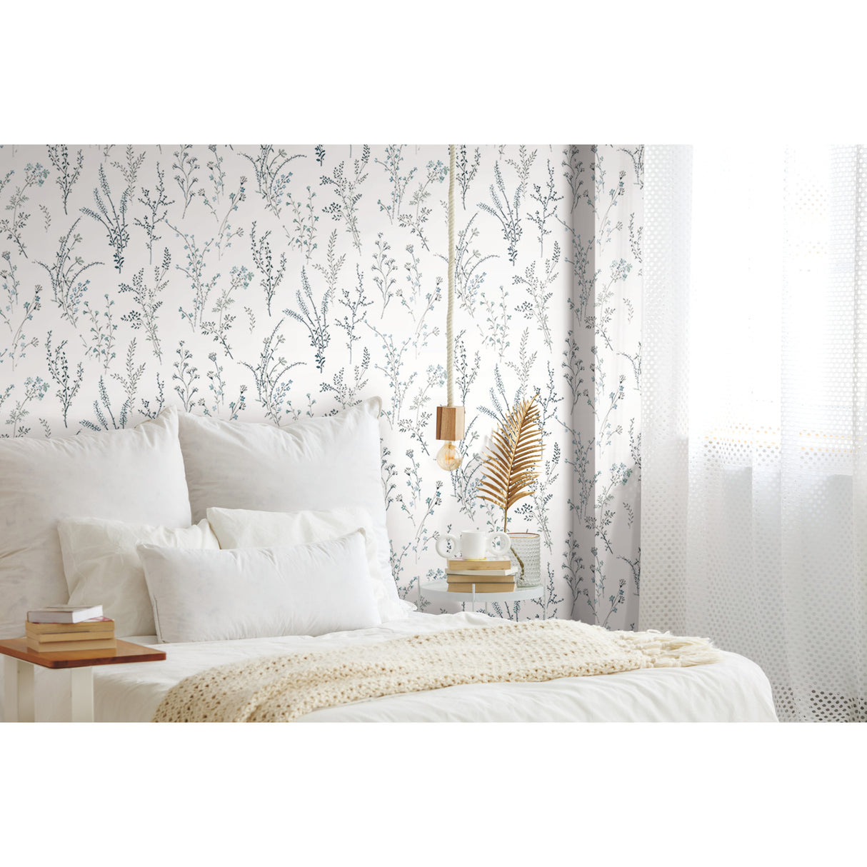 York FH4027 Wildflower Sprigs Blue & Green Wallpaper