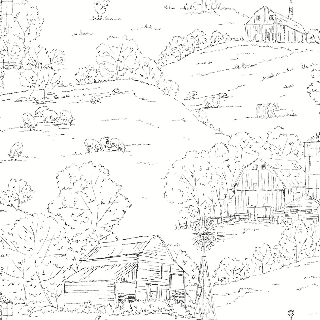York FH4031 Pasture Toile Black & White Wallpaper