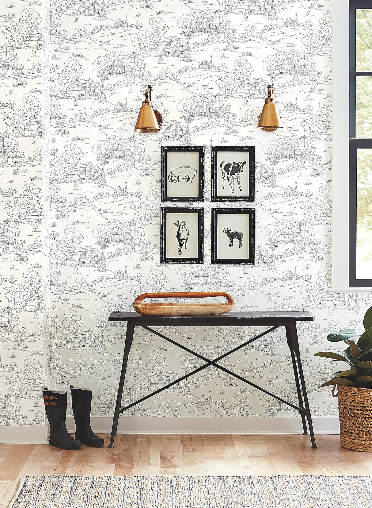 York FH4031 Pasture Toile Black & White Wallpaper