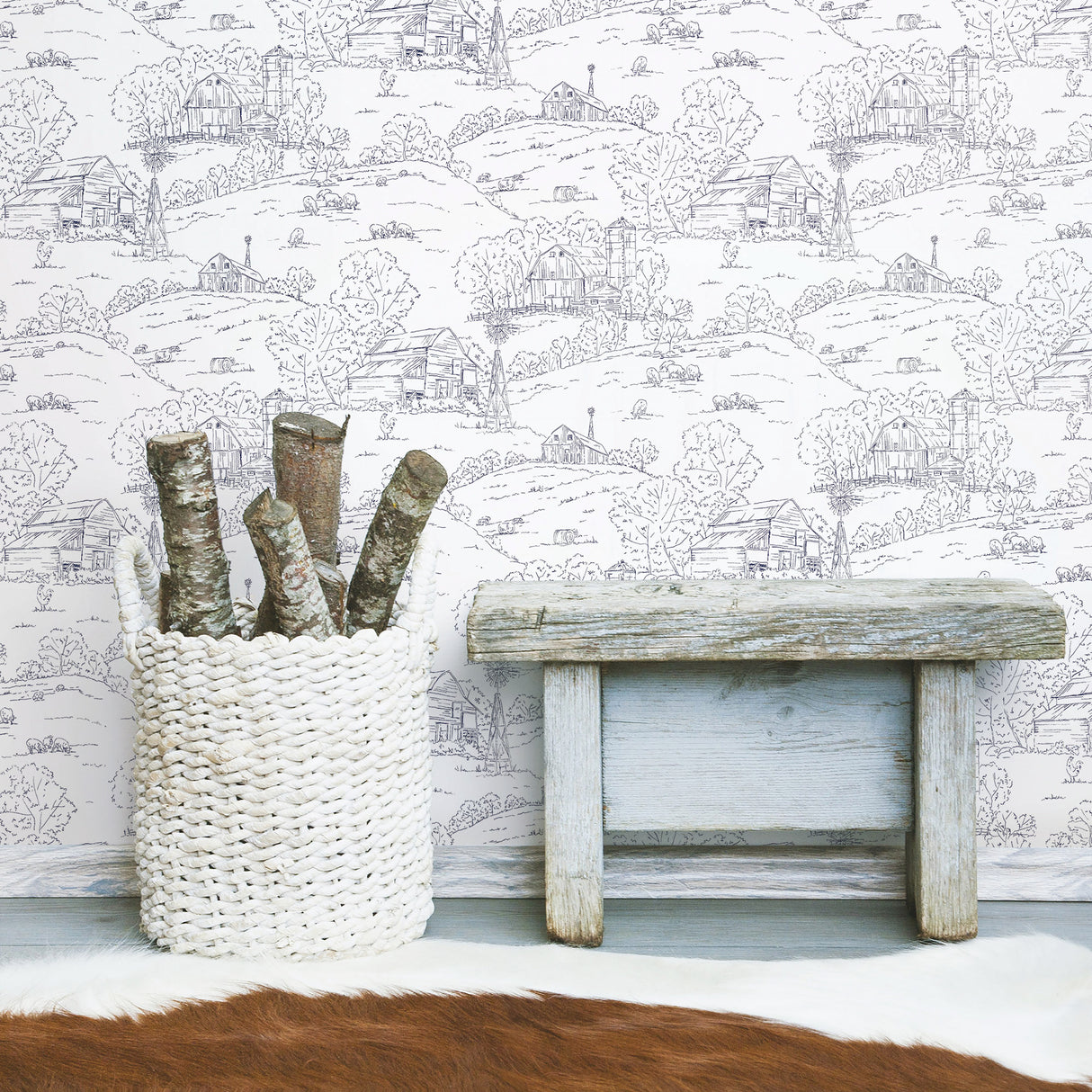 York FH4032 Pasture Toile Navy & White Wallpaper