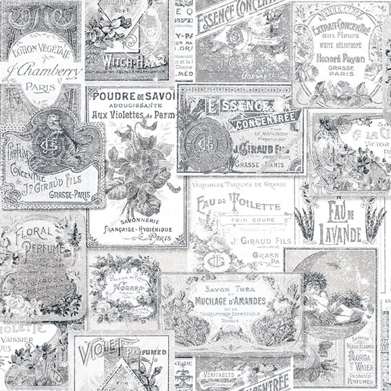 Galerie G56277 Silver Grey Perfume Labels - Eade's Wallpaper