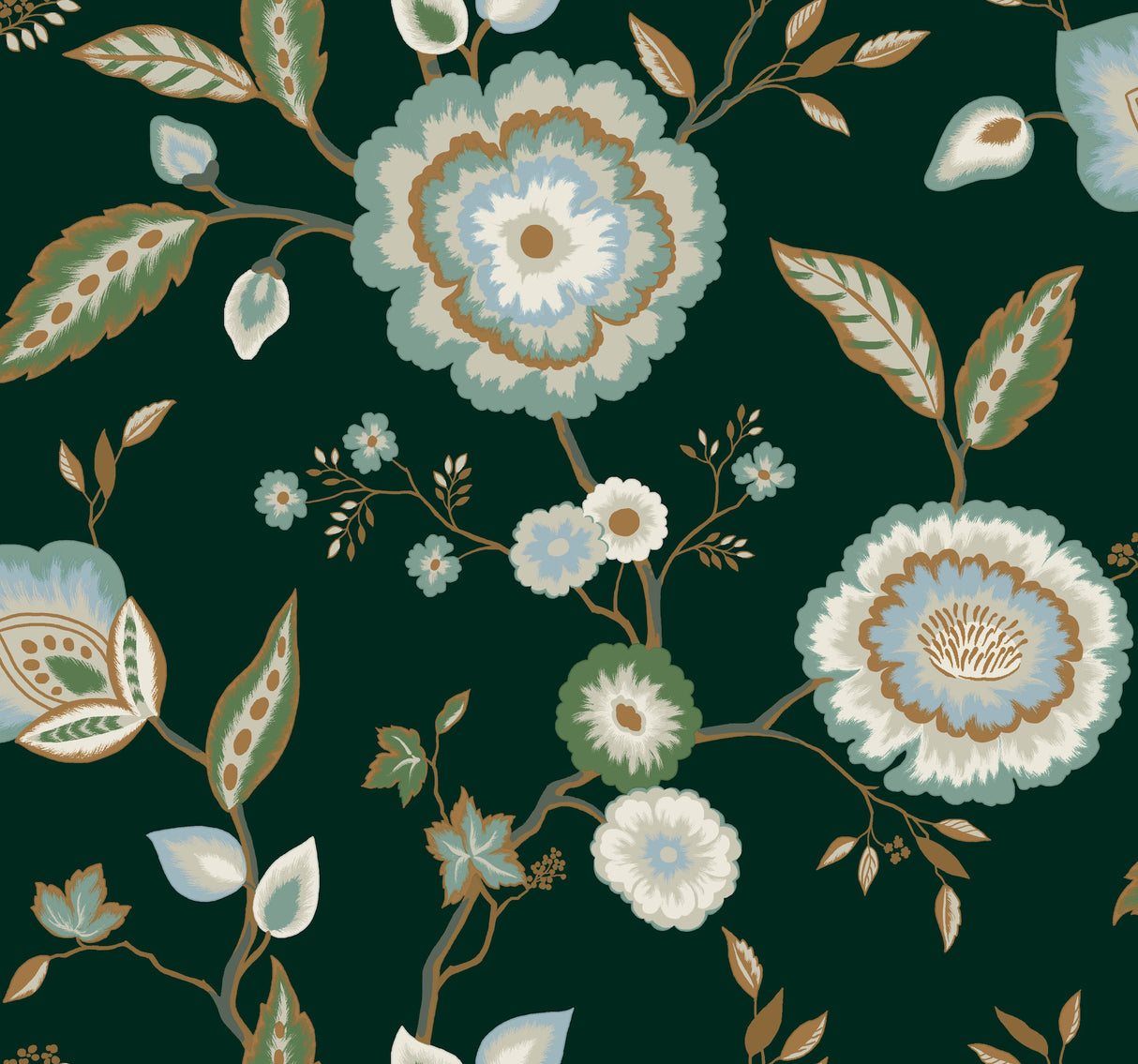 York GO8236 Dahlia Blooms Green & Blue Metallic Wallpaper