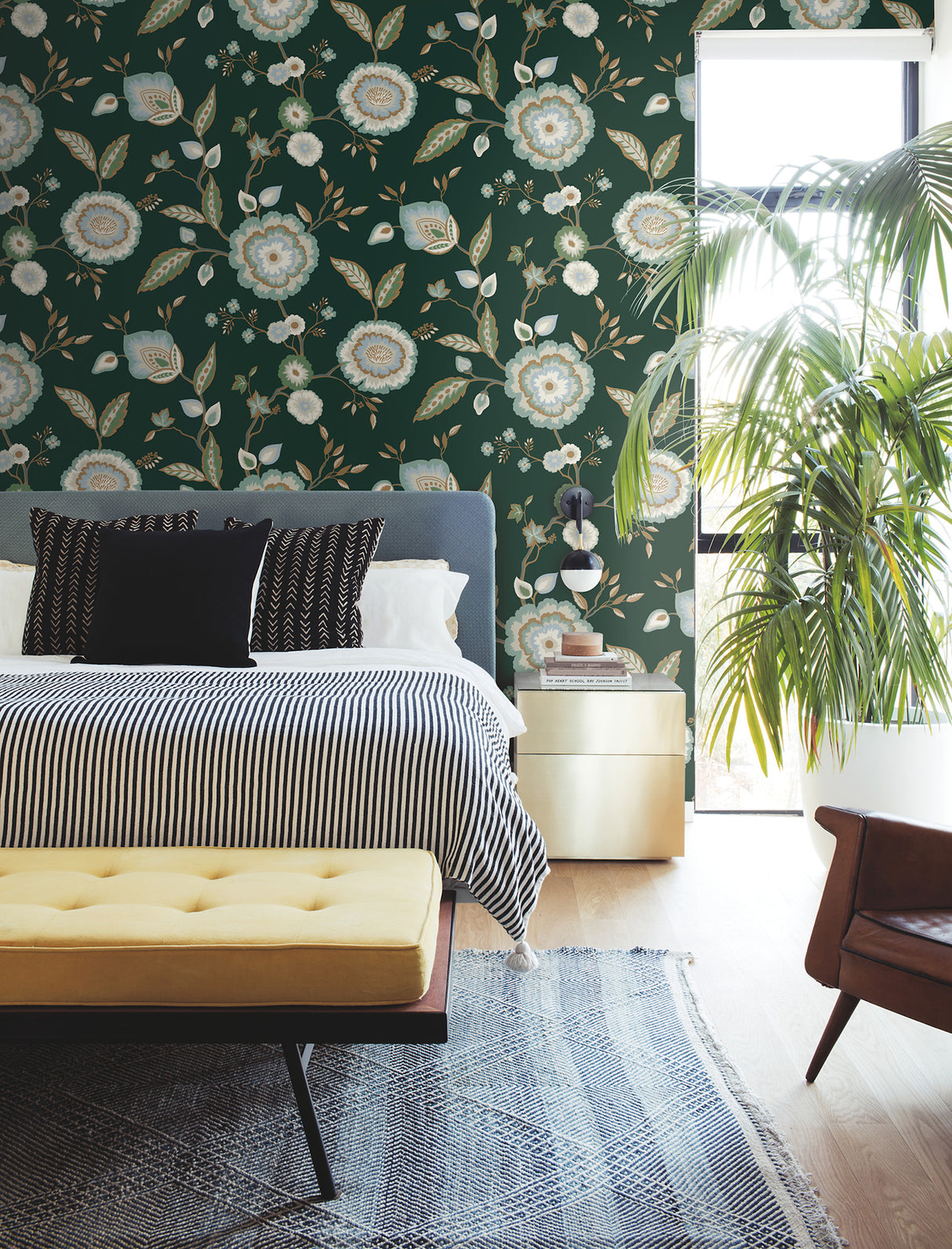York GO8236 Dahlia Blooms Green & Blue Metallic Wallpaper