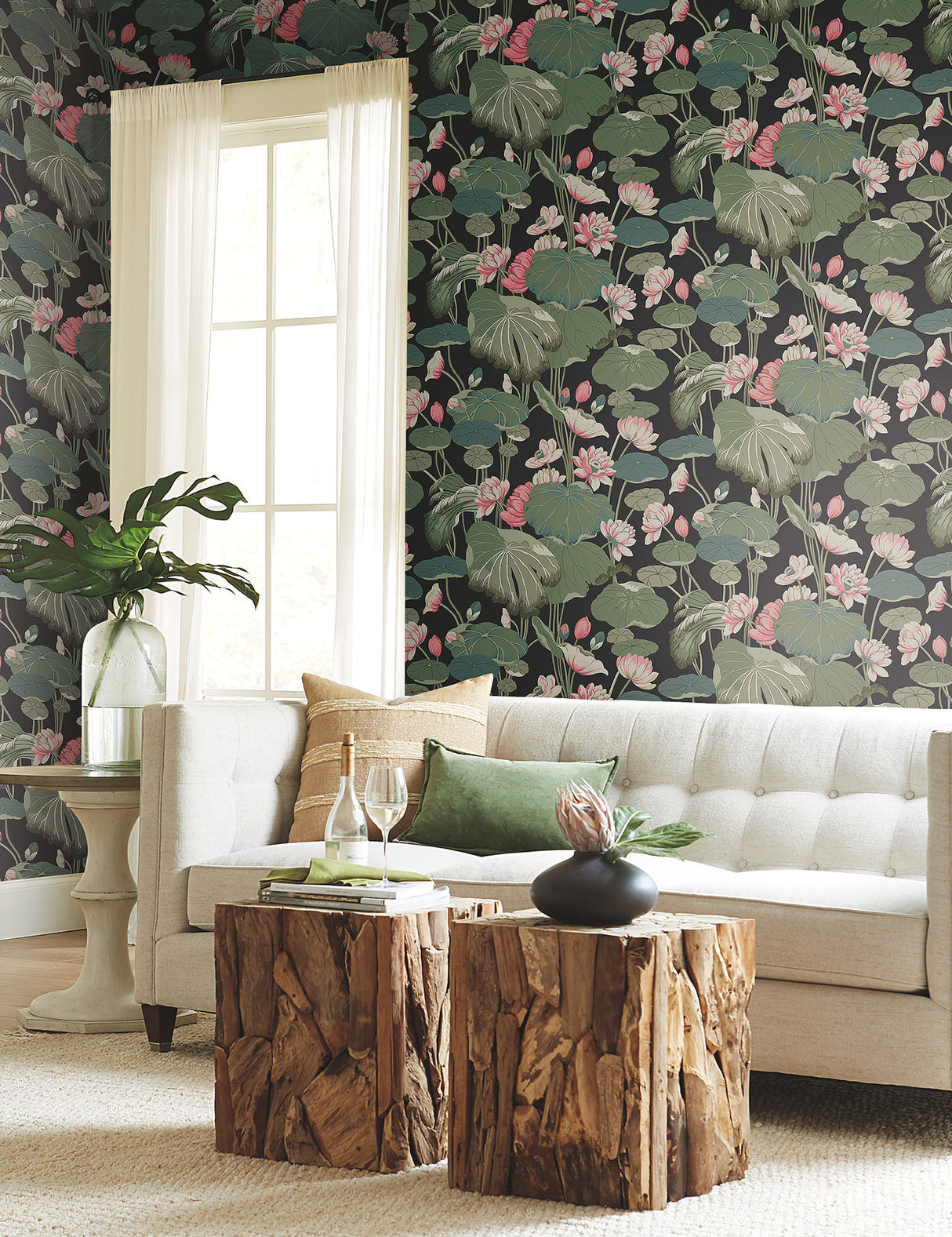 York GO8292 Lotus Pond Black & Pink Wallpaper