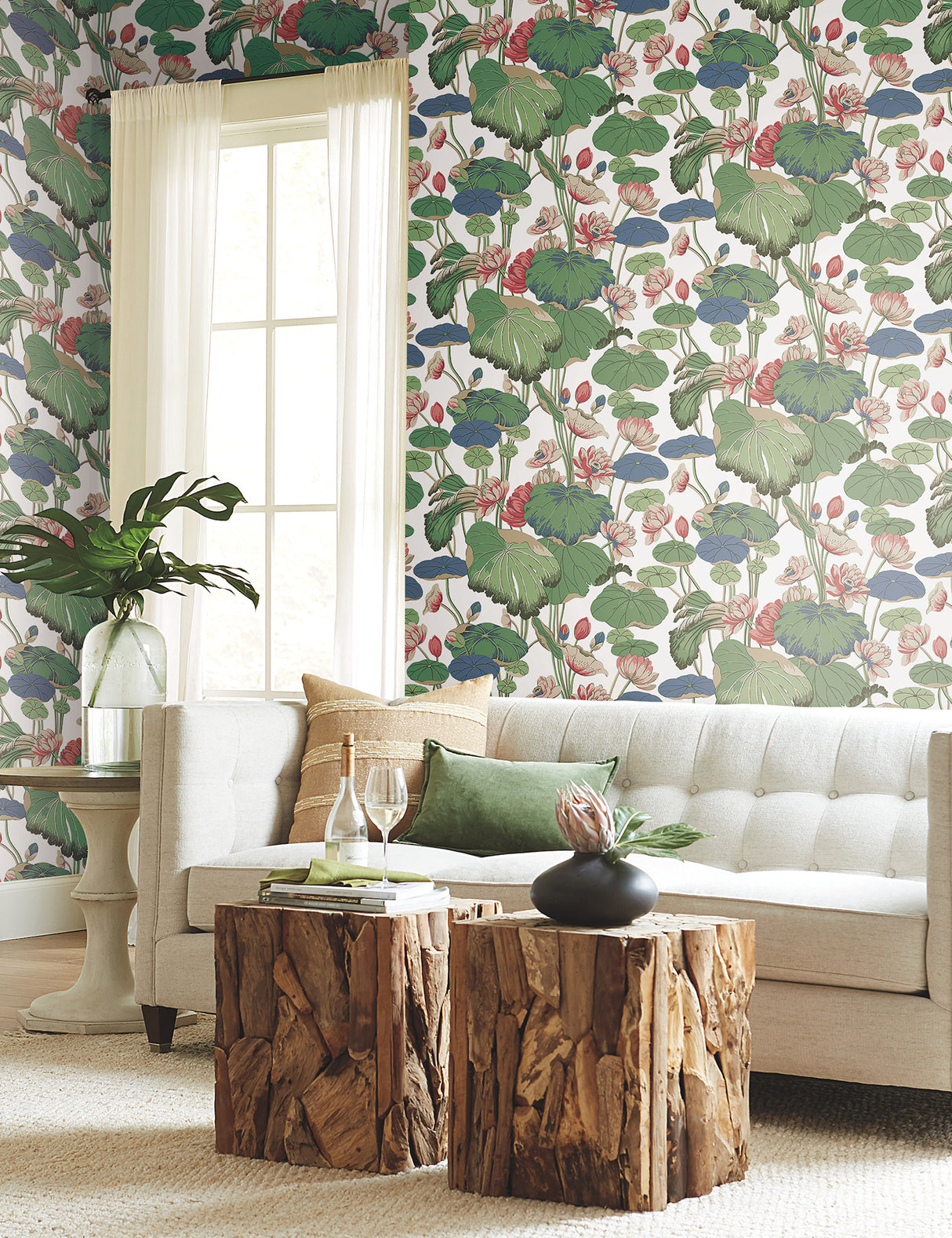 York GO8293 Lotus Pond Green & Pink Wallpaper