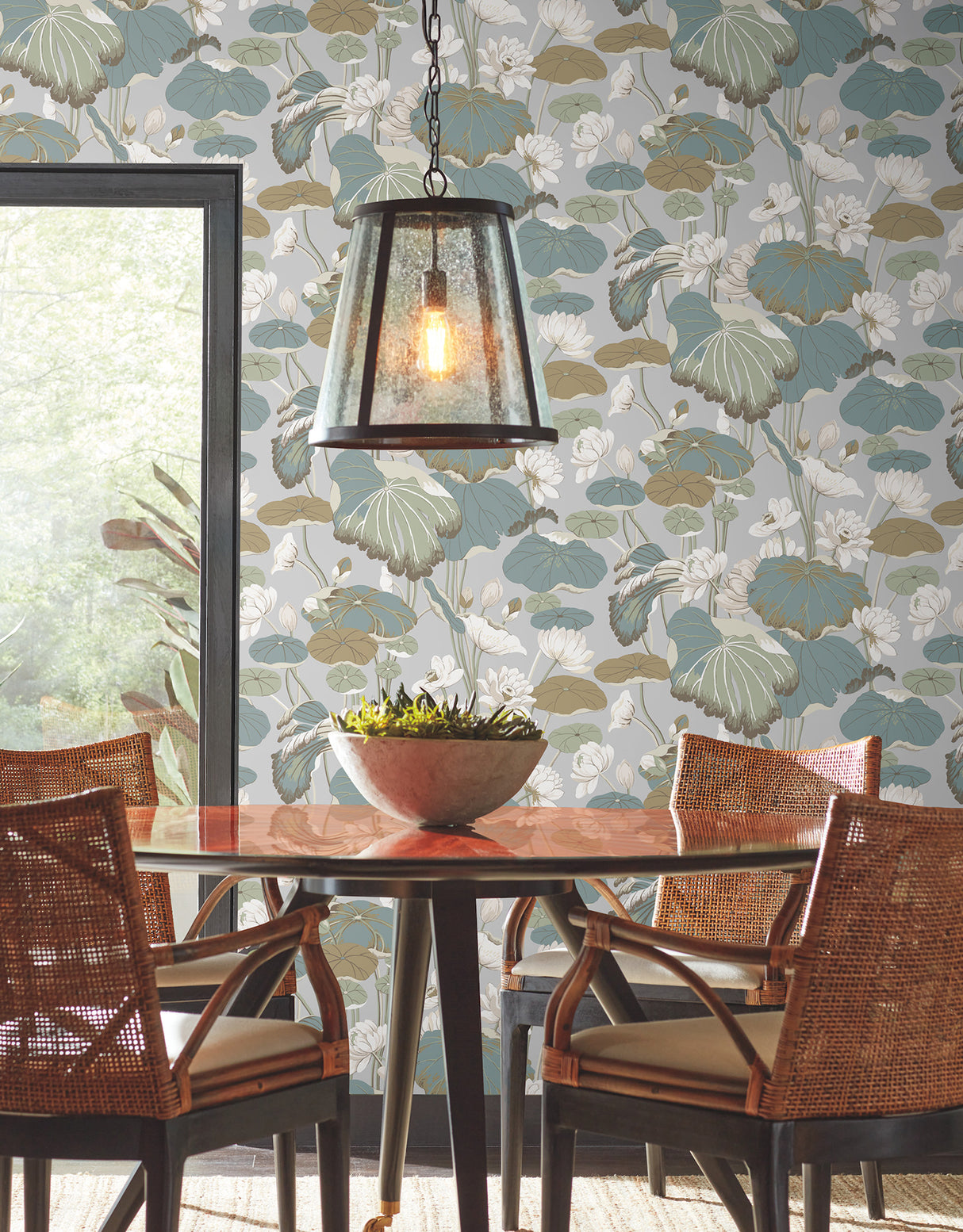 York GO8294 Lotus Pond Grey & Blue Wallpaper