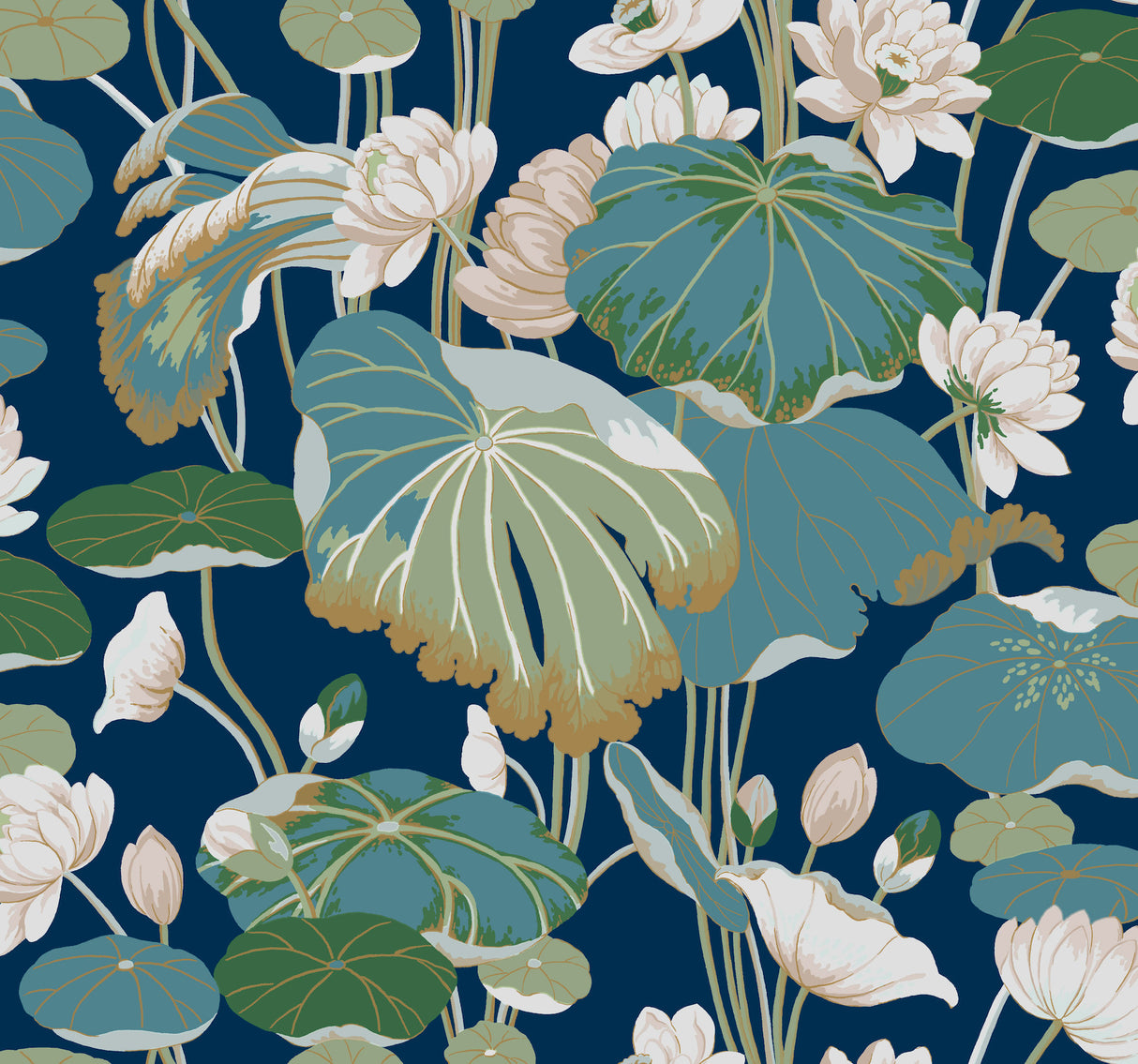 York GO8295 Lotus Pond Navy Metallic Wallpaper