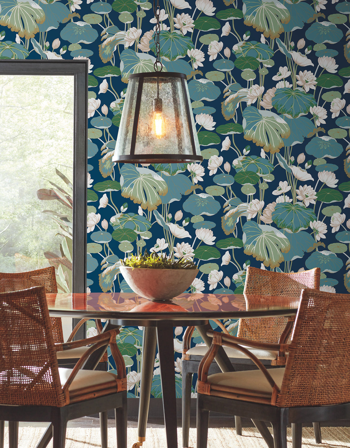 York GO8295 Lotus Pond Navy Metallic Wallpaper