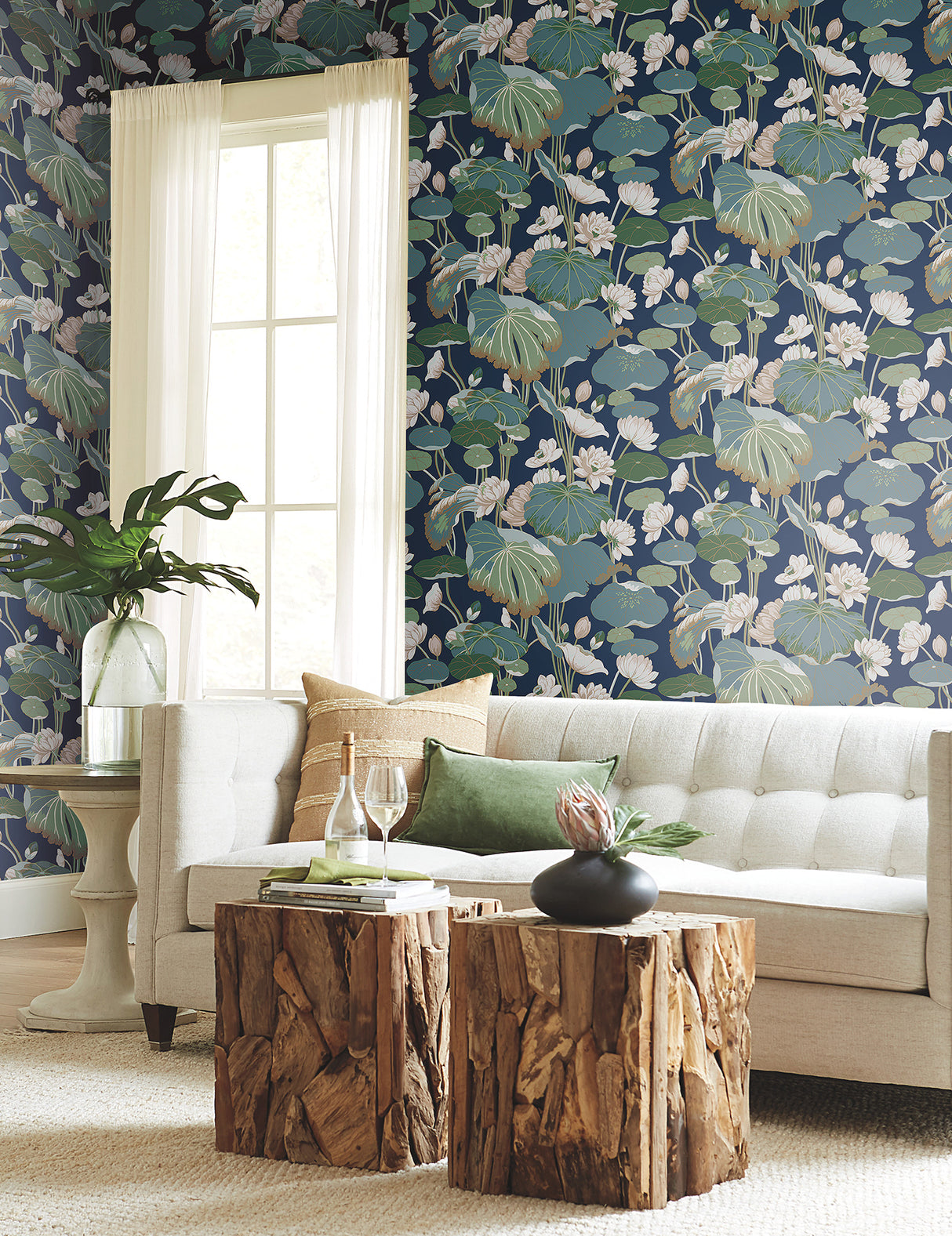 York GO8295 Lotus Pond Navy Metallic Wallpaper