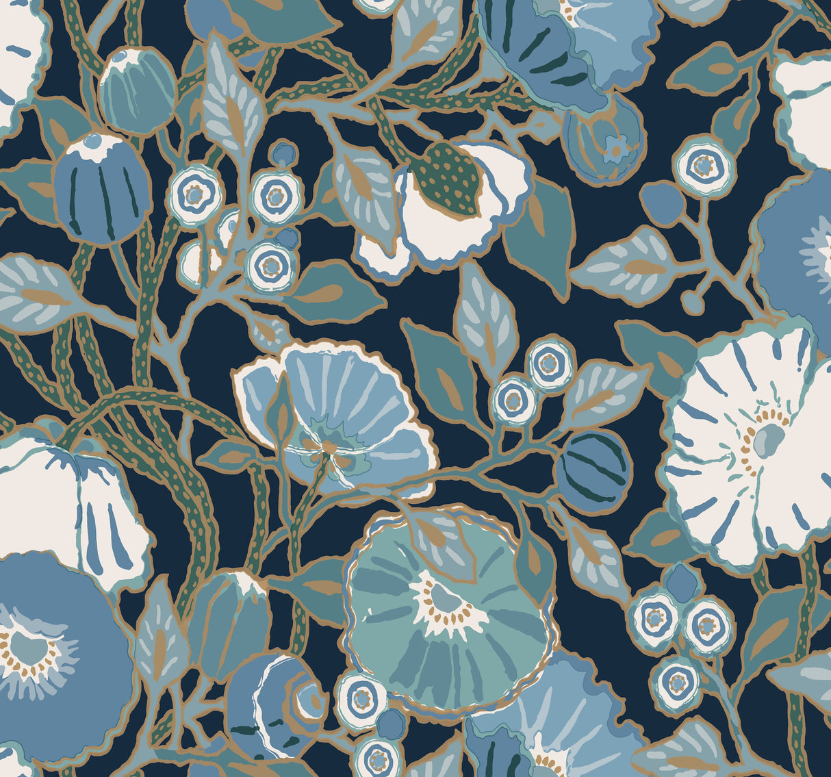 York GO8312 Poppies Black & Blue Metallic Wallpaper