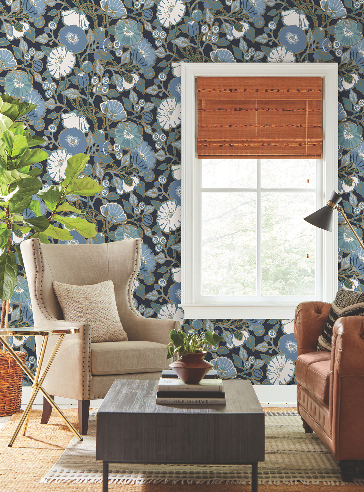 York GO8312 Poppies Black & Blue Metallic Wallpaper