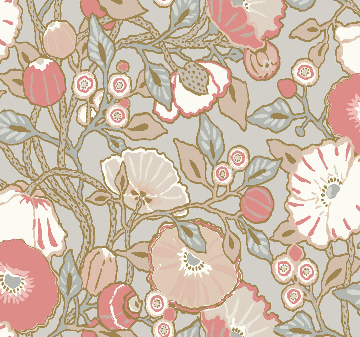 York GO8314 Poppies Grey & Pink Metallic Wallpaper