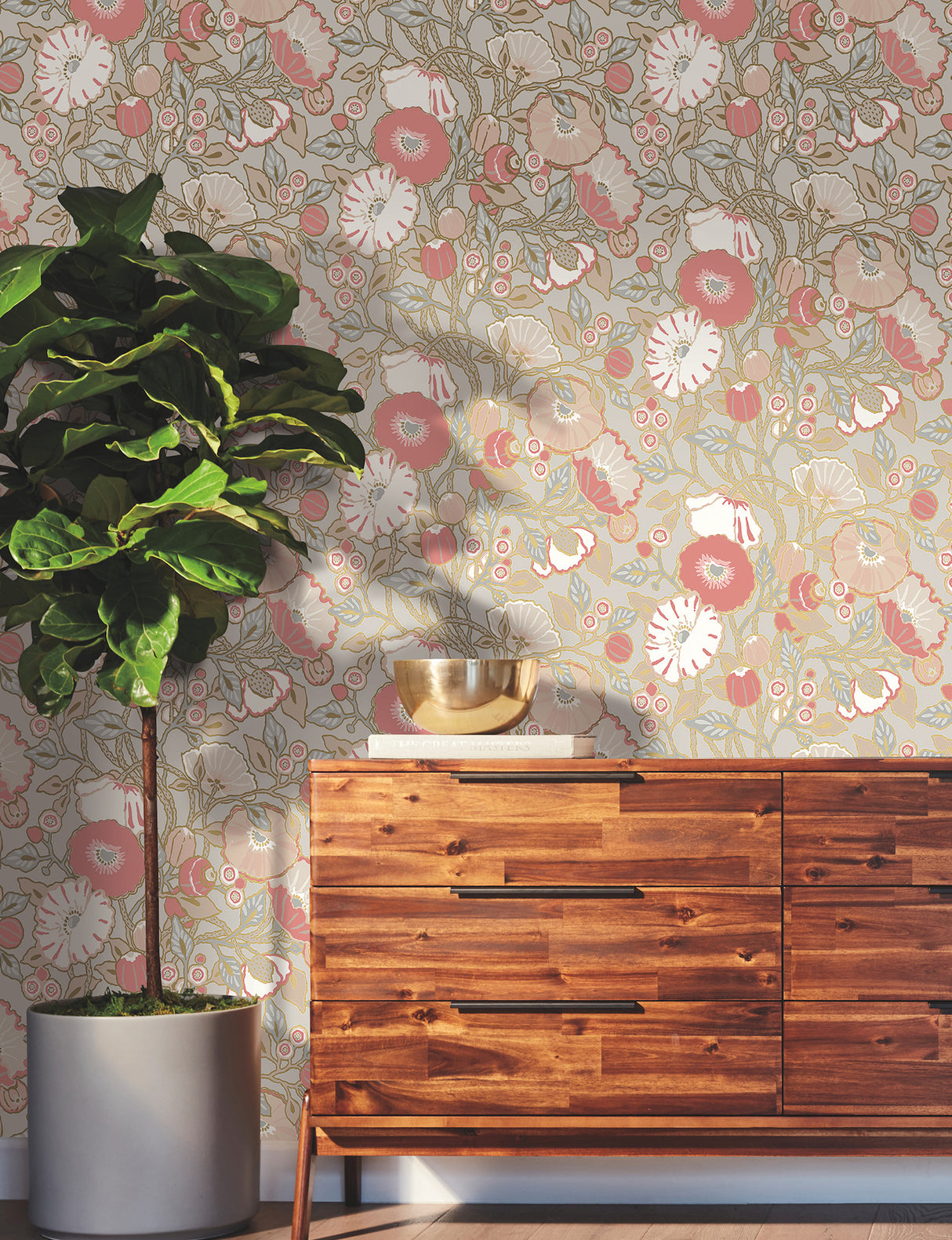 York GO8314 Poppies Grey & Pink Metallic Wallpaper