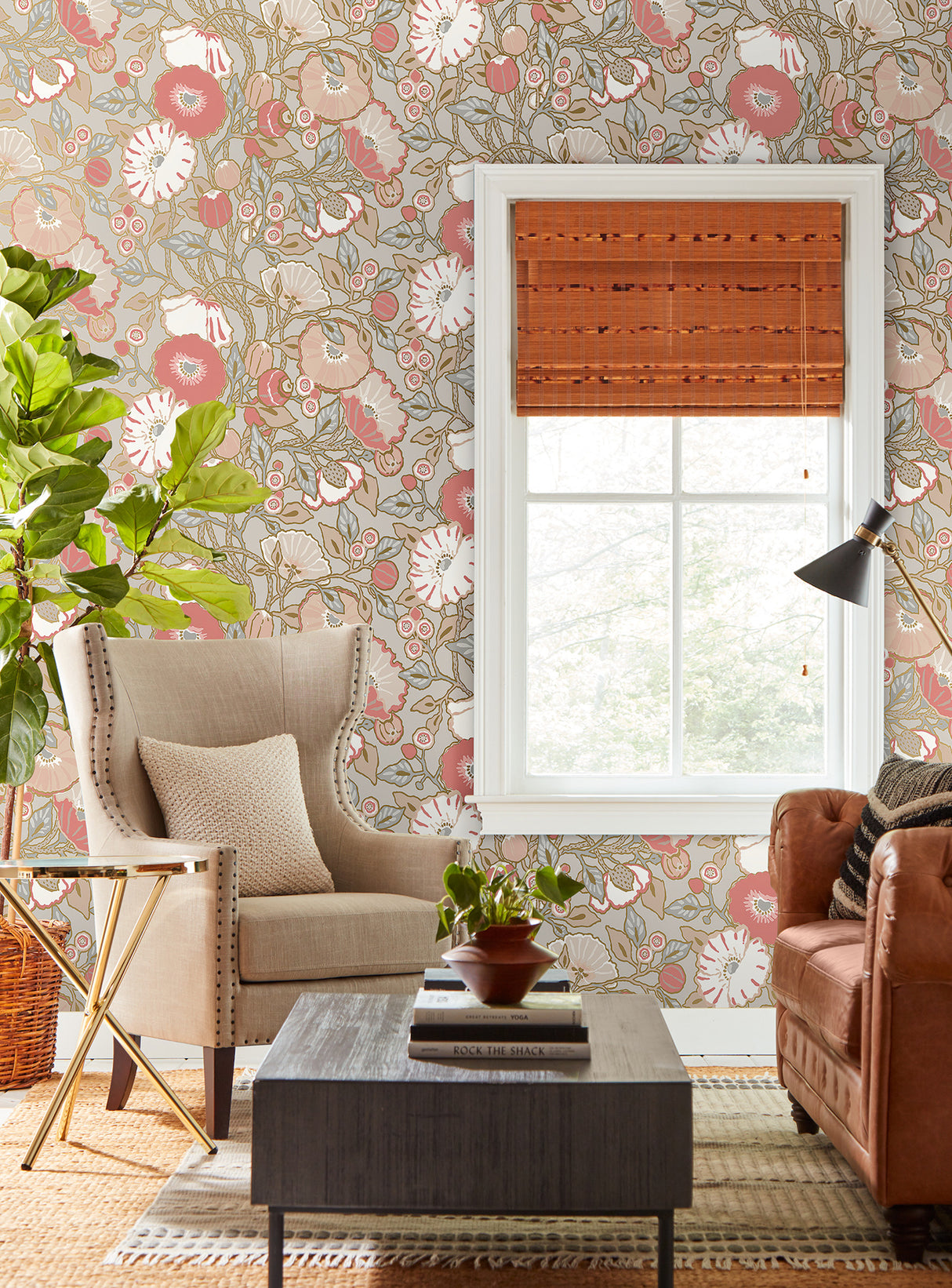 York GO8314 Poppies Grey & Pink Metallic Wallpaper