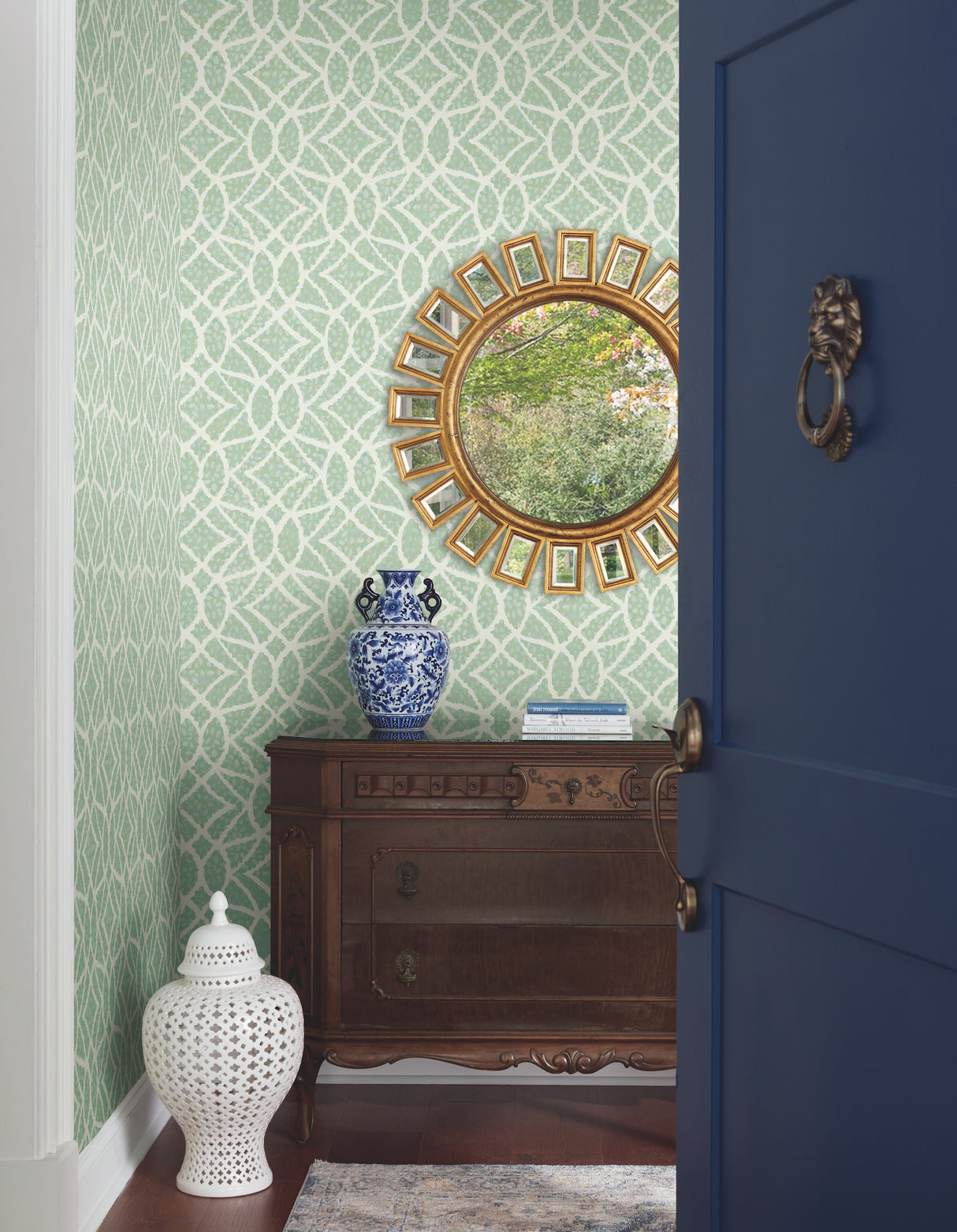 York GR5973 Boxwood Garden Teal Wallpaper