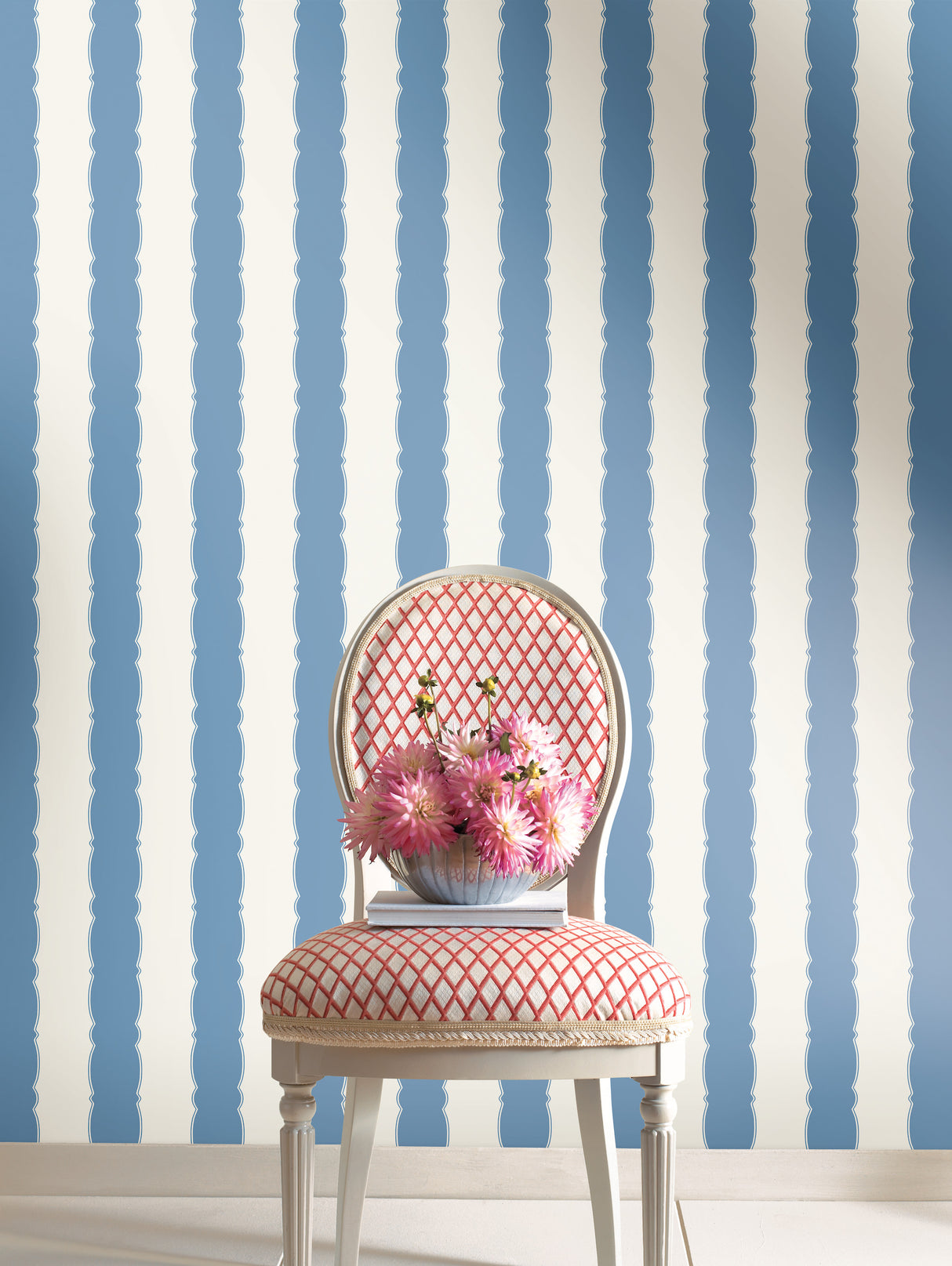 York GR6012 Scalloped Stripe Blue Wallpaper
