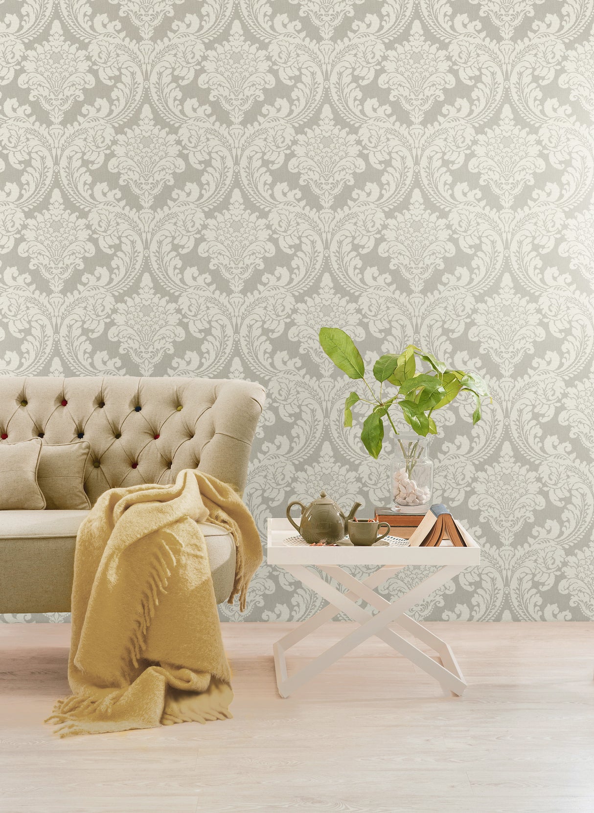 York GR6021 Tapestry Damask Grey Wallpaper