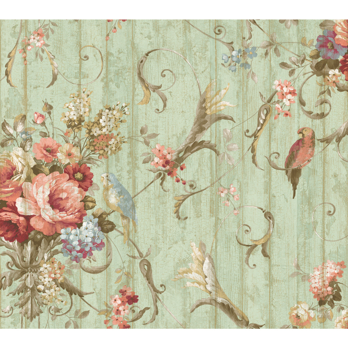 York HA1326 Parrots with Floral Bouquets Blue Wallpaper
